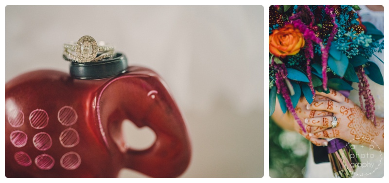 So many colorful, Indian-inspired details. From the bride's henna to the colorful bouquet to the decor of the reception space. 