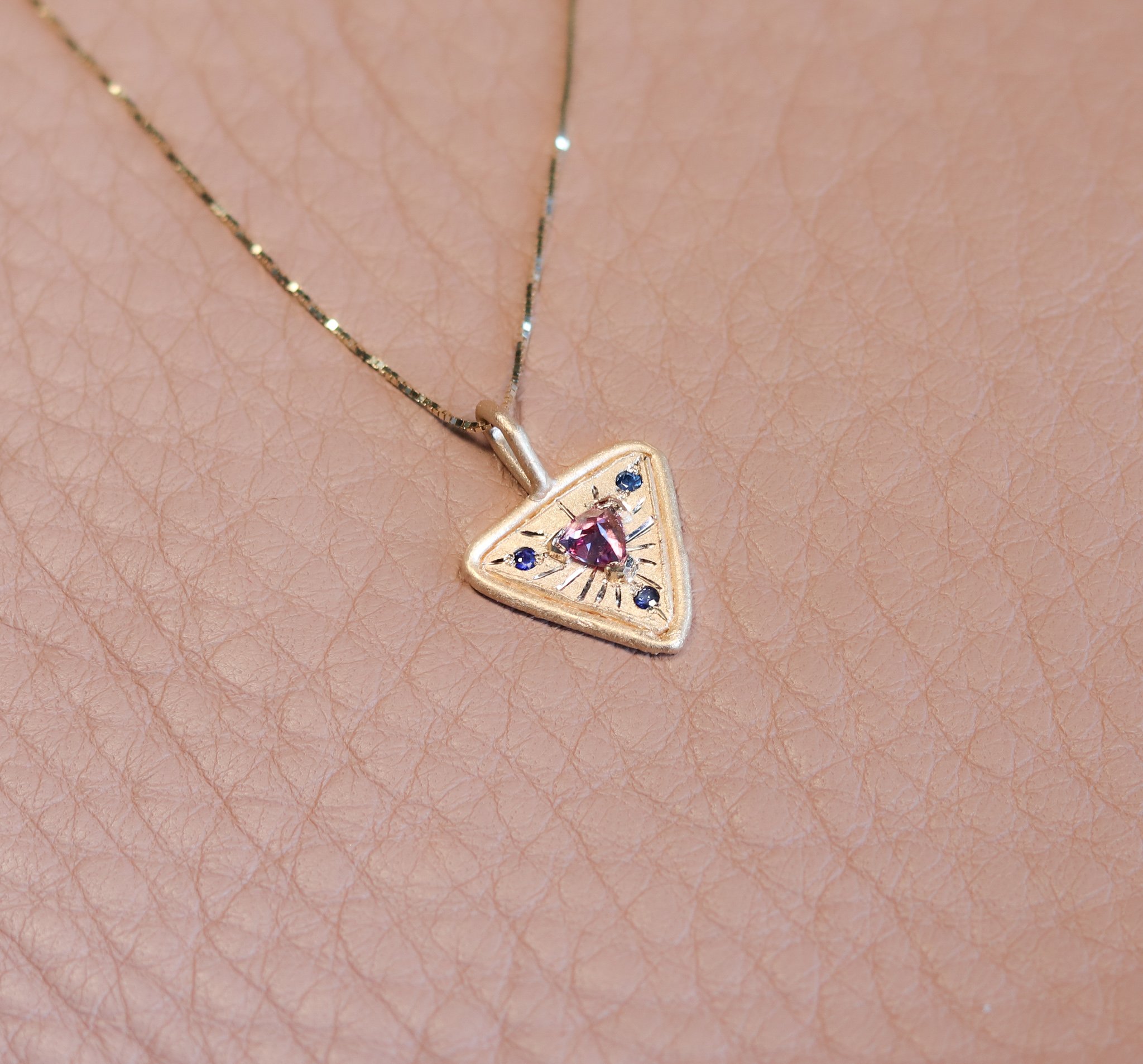 14k Triangle Garnet and Sapphire pendant