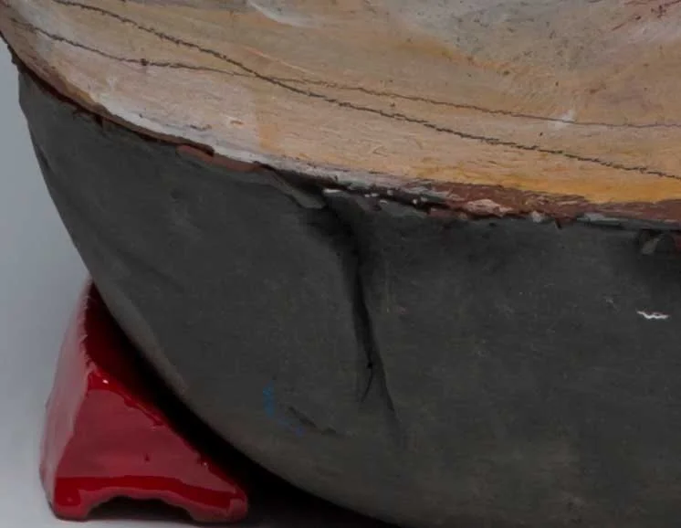 (Detail) Large Pot with Text and Red Wedge, 2015, 34" x 16"