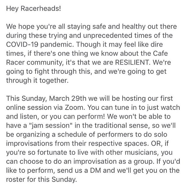 Zoom Session tomorrow, Sunday 3/29, 4-6pm! Link to FB event in bio - check it out for more info. DM us if you’re interested in playing!