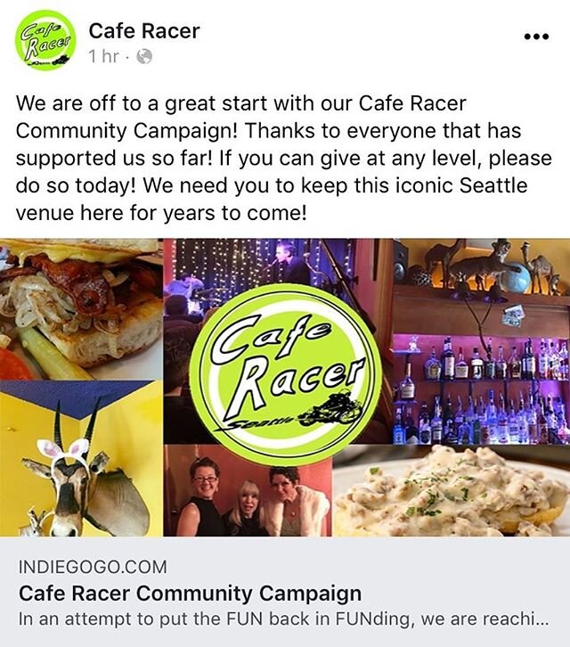 Link to the @cafe_racer_seattle Indiegogo campaign in our bio! They need the financial support of the community to get them through this tough time following the owner Jeff’s medical emergency last fall (thankfully, he’s fine now). Please