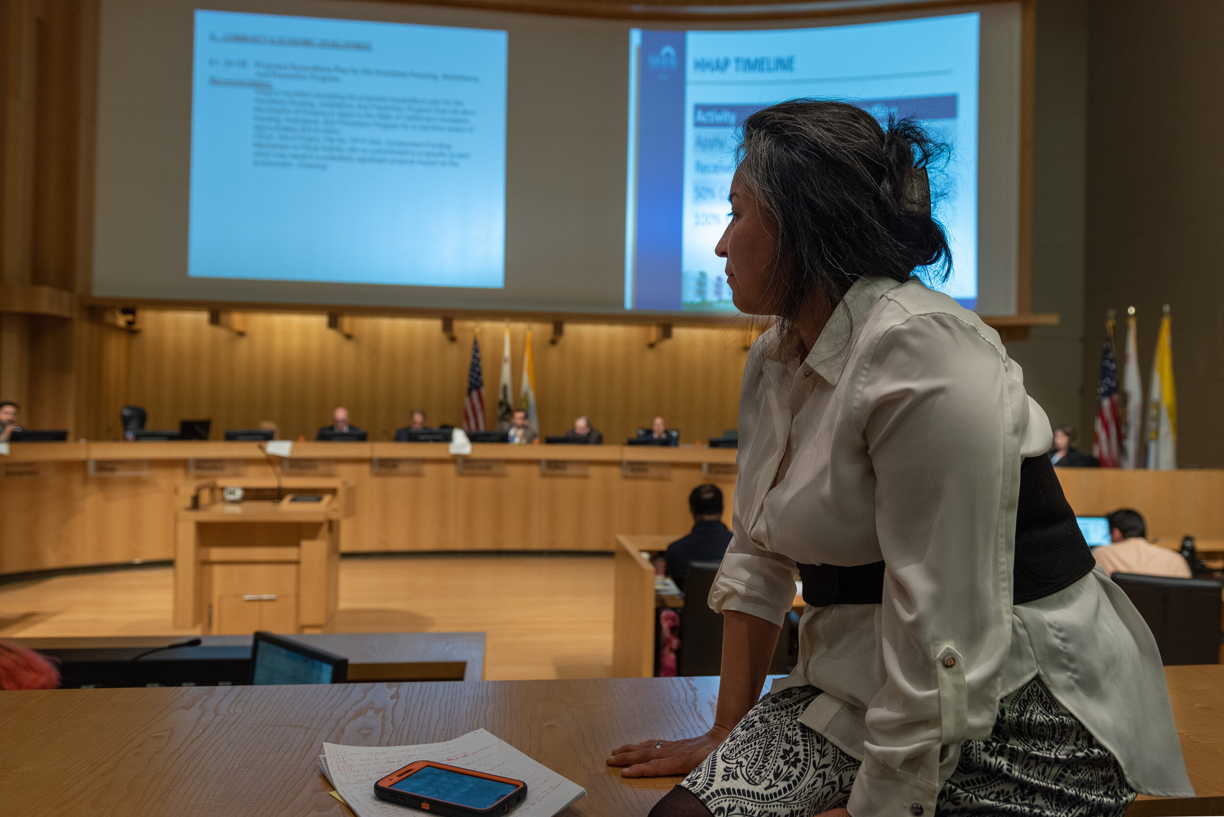 Teresa Pedrizco, together with other 2017 flood victims, waits to speak at the San José City Council Meeting, on February 11, 2020. “After 3 years, we are still waiting for the City to take full responsibility for the 2017 Coyote Creek Flood. I am