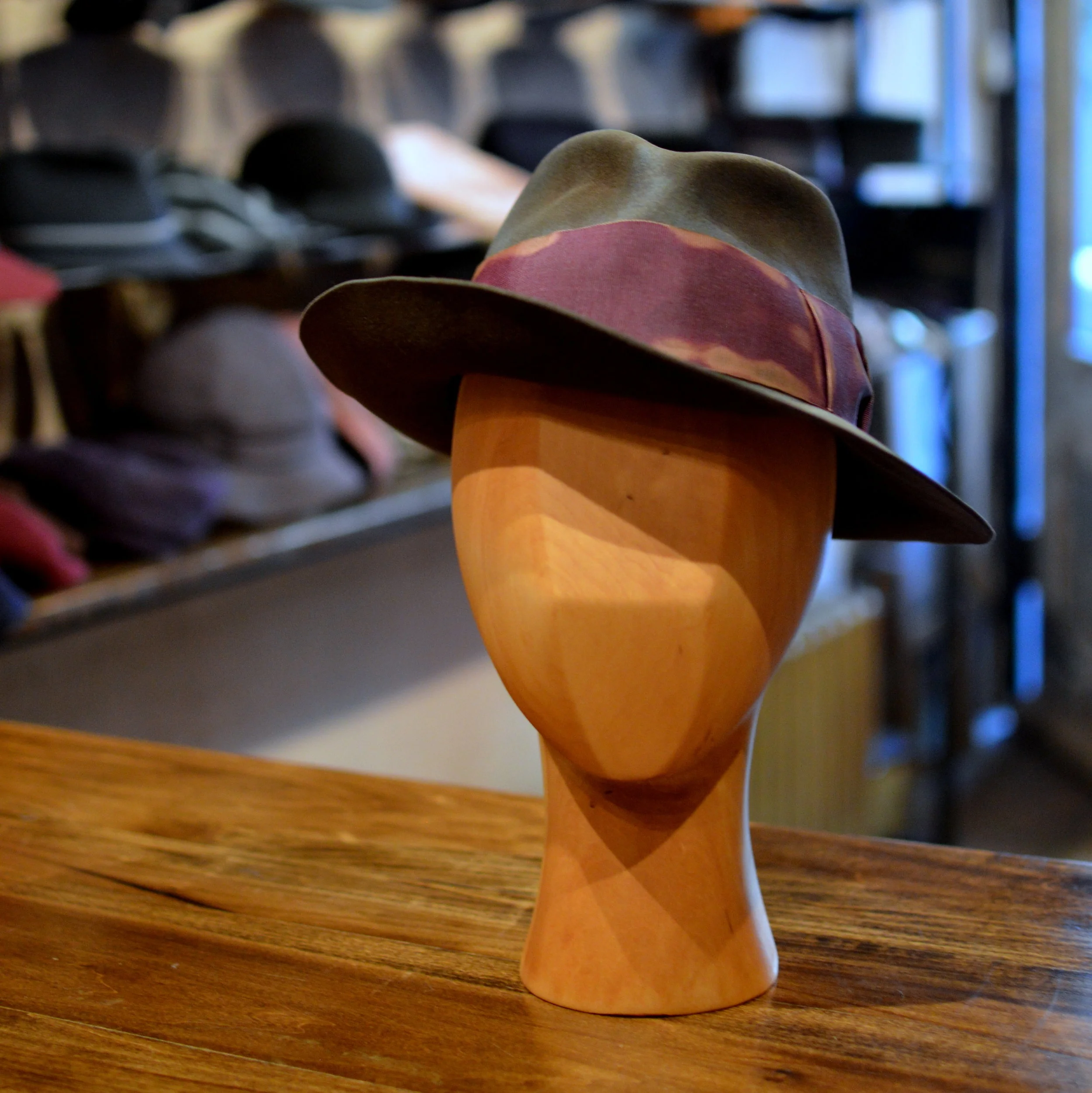 Distressed Fedora in Green - A dashing distressed fedora with raw cut brim, and equally distressed trim
