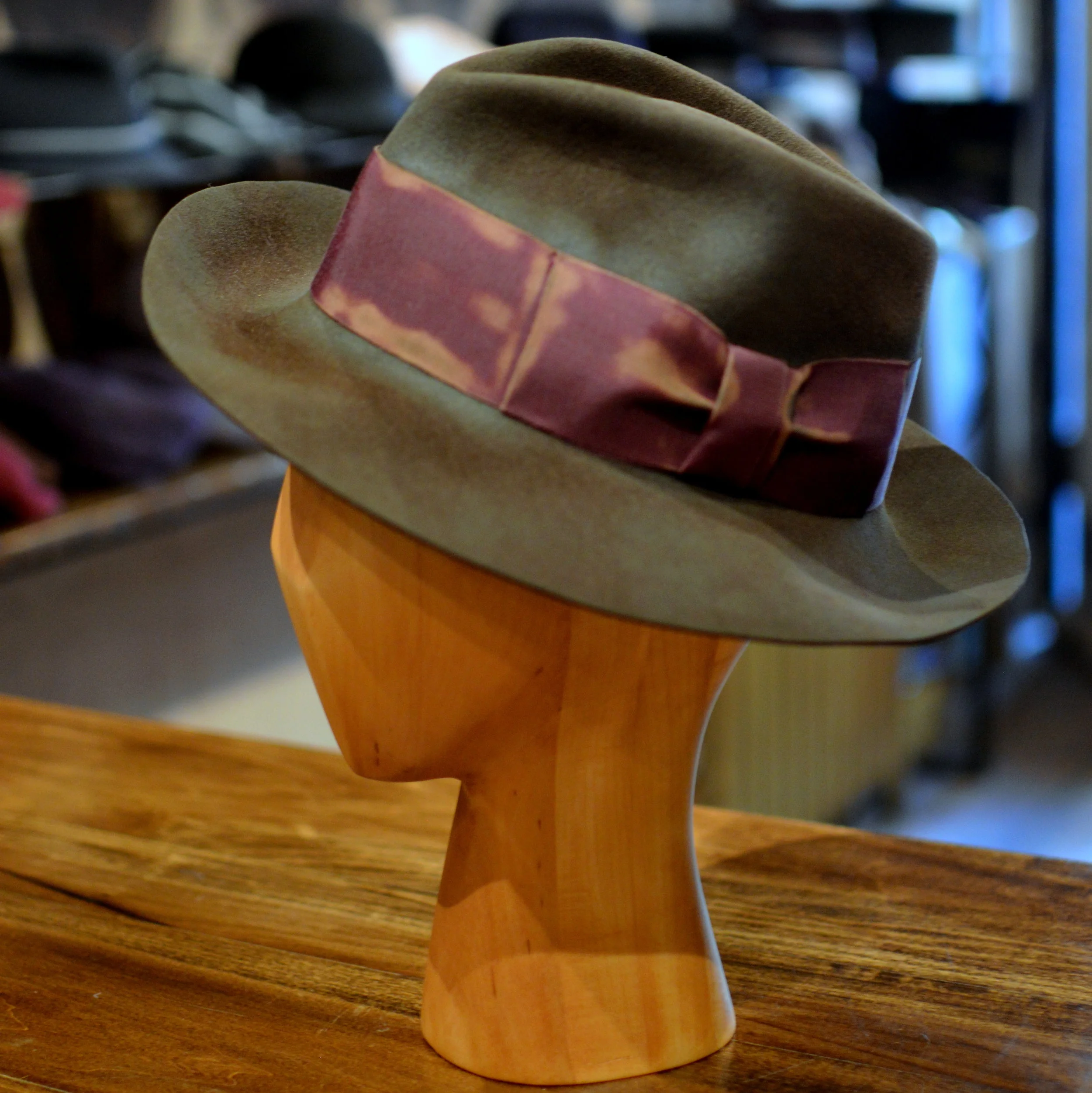 Distressed Fedora in Green - A dashing distressed fedora with raw cut brim, and equally distressed trim