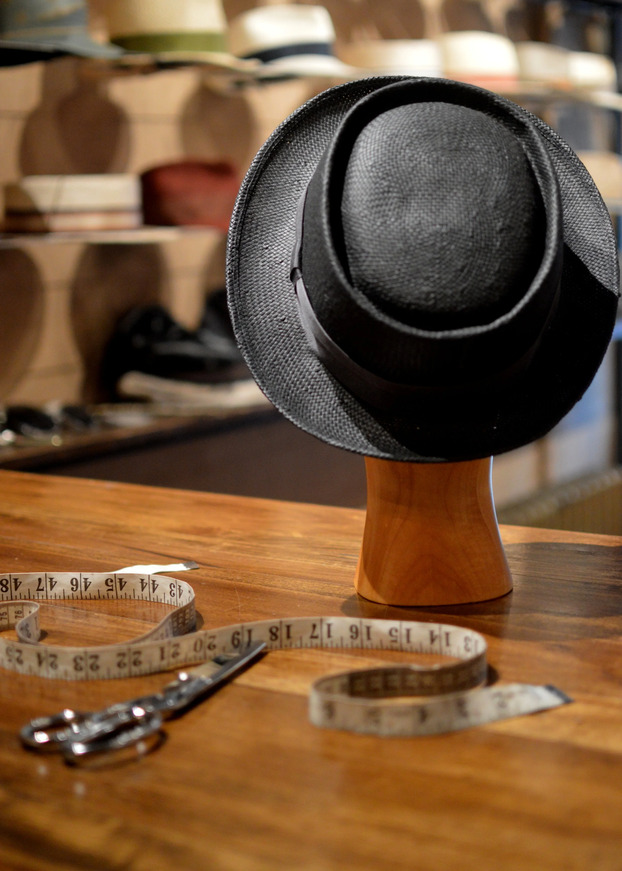Walt Porkpie in black toyo - A traditional porkpie with a 2 inch brim and 3 1/2 inch crown in black toyo and vintage grosgrain trim..