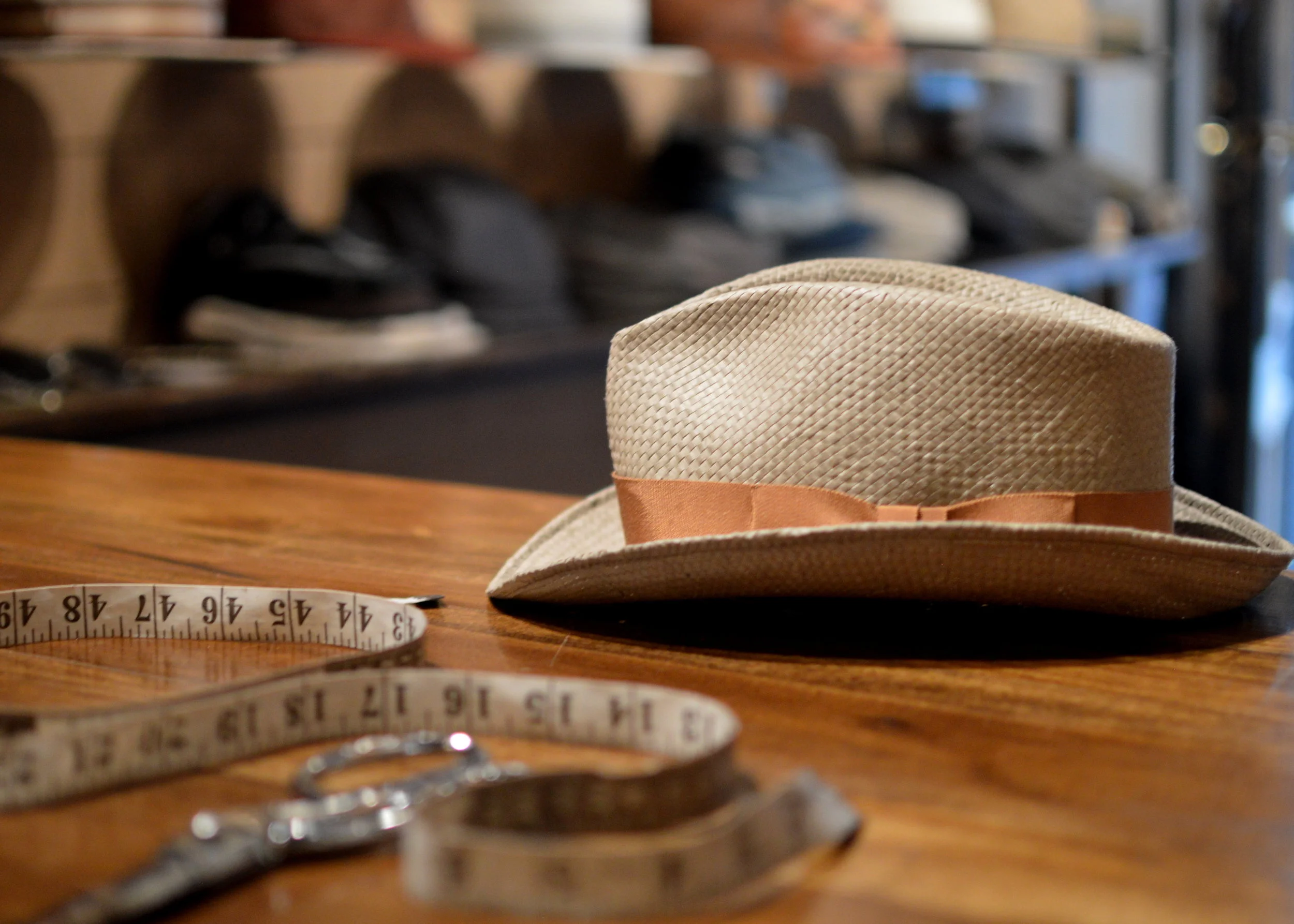 David Homburg in taupe toyo - A homburg in taupe toyo straw trimmed with Vintage Grosgrain Ribbon