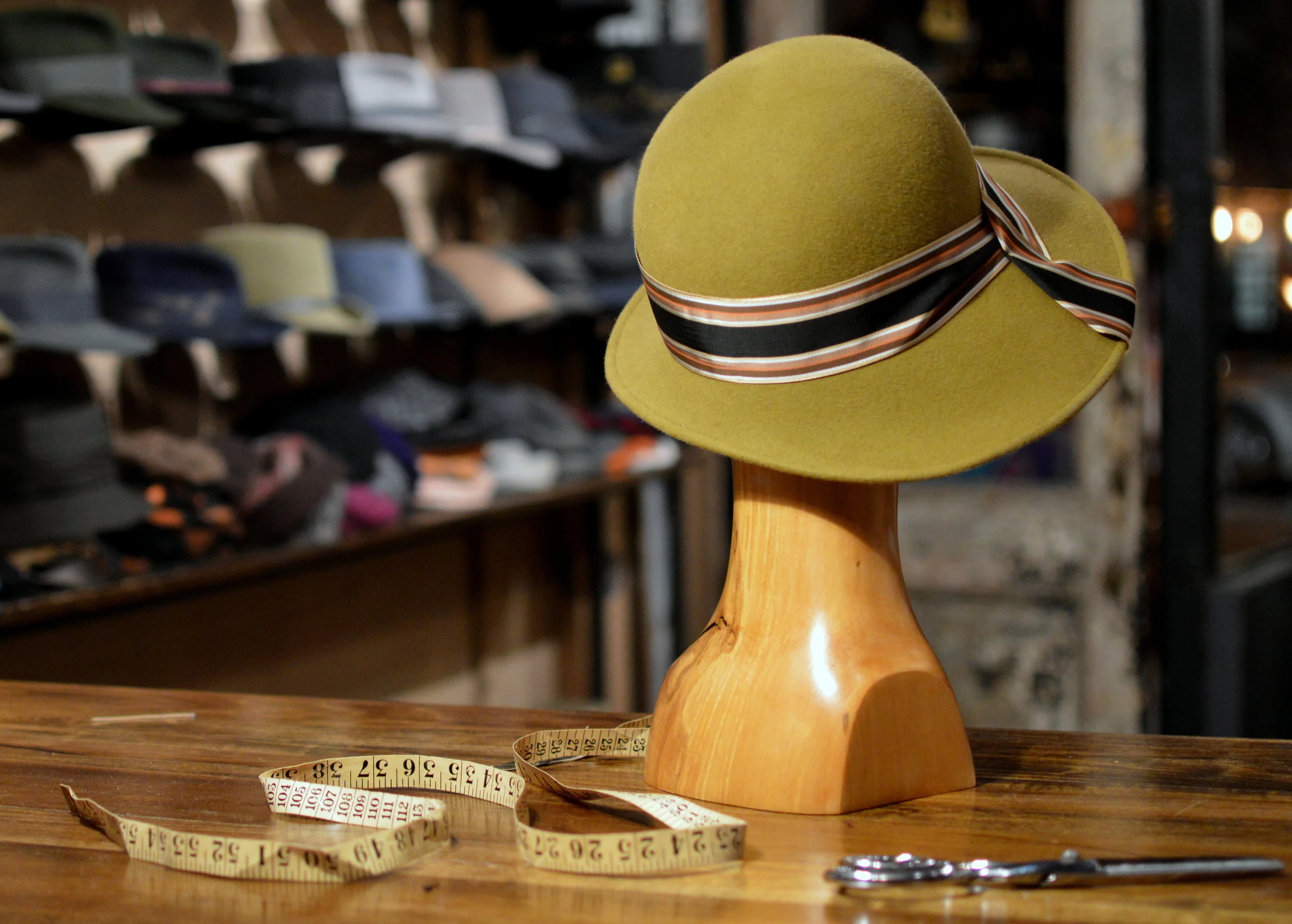The Lady Mary in vintage Green, with a striped ribbon trim