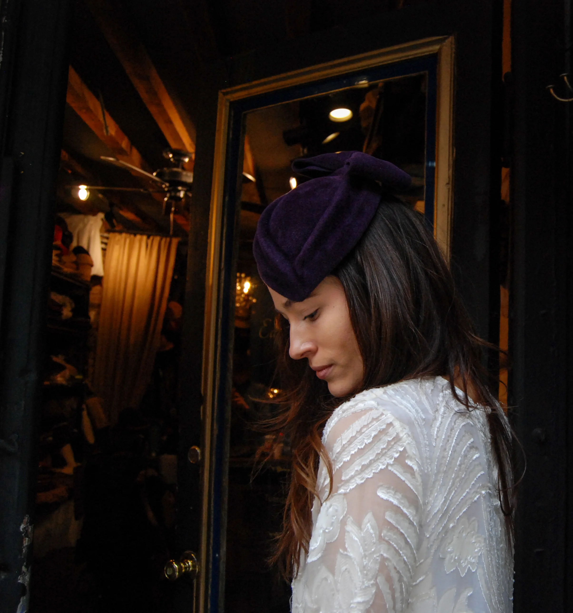 Retro pillbox style cocktail hat handmade with a chick bow
