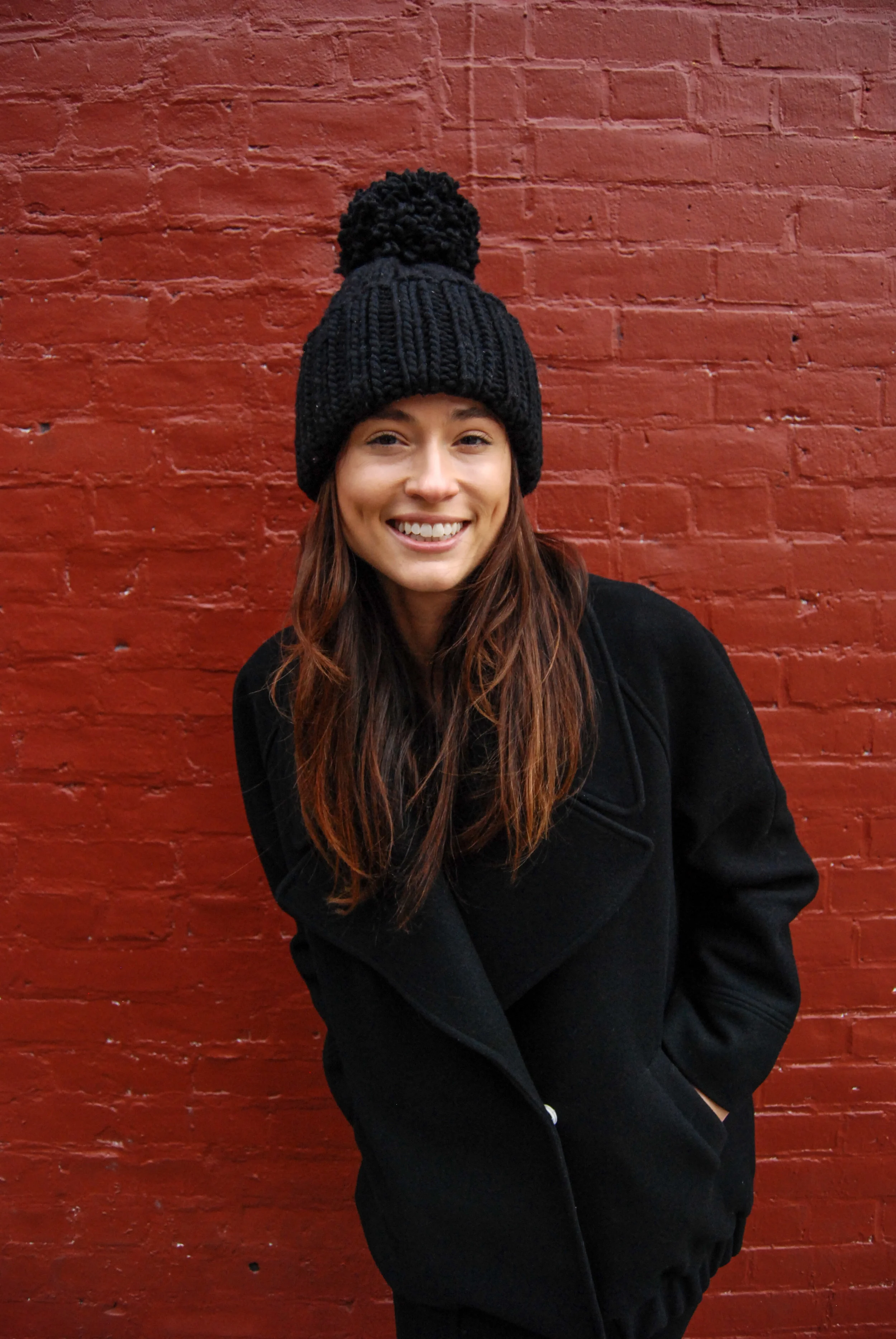 Hand-knit Black Winter Hat by Two Foxes - A Hand made Black Winter knit merino wool hat with Pom Pom by Two Foxes