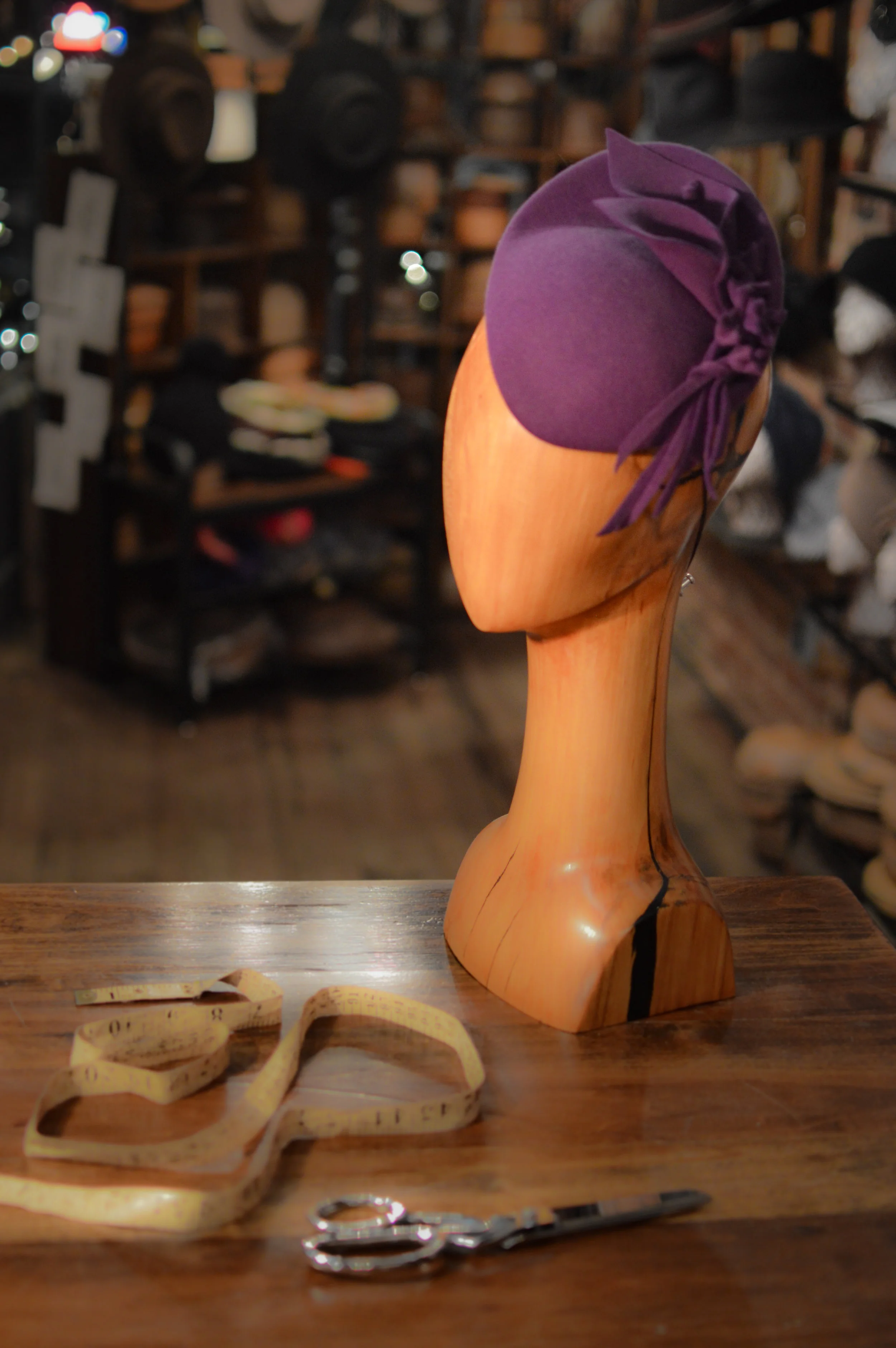 Darling Cocktail hat handmade in Purple felt with Calla Lily’s and baby flower buds.