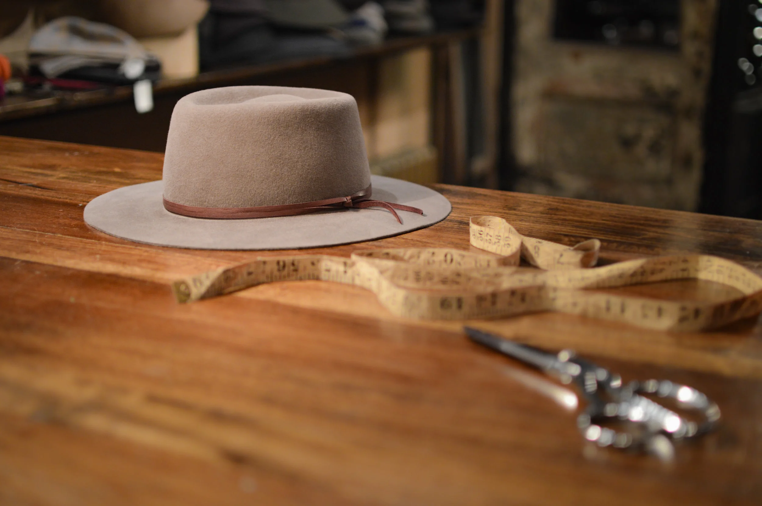 The Dylan Flat Brim Fedora in Mink - The Dylan is a 3 inch raw cut flat brimmed hat with telescope shaped crown