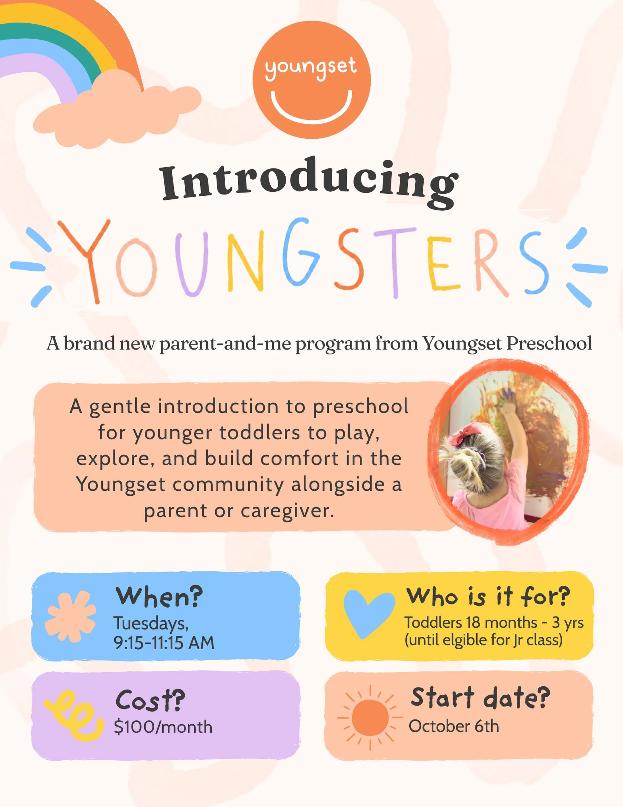 Is your 2-year-old ready for a little more play, creativity, and community? 🪁🧡

Come spend Tuesday mornings with us at Youngset! 

Youngsters is our brand new parent-and-me program for toddlers who aren&rsquo;t quite ready for preschool but are rea