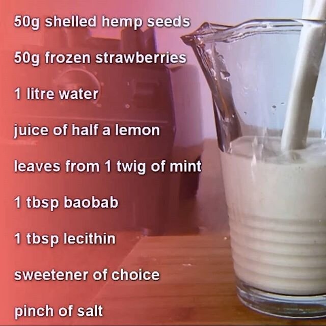Hemp Milk, inspired after years of hanging out with @katemagic, has become an integral part of my diet. Such a great way to get hydrated and to get essential fats in body.

Strawberry 🍓, lemon 🍋, mint and baobab with lecithin to bind together and e