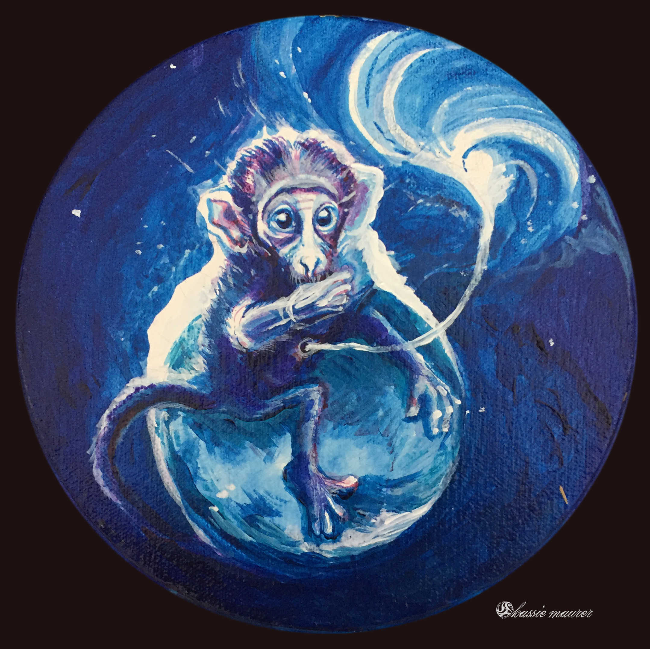 Blue Monkey, Acrylic on Canvas Hoop 12"  SOLD