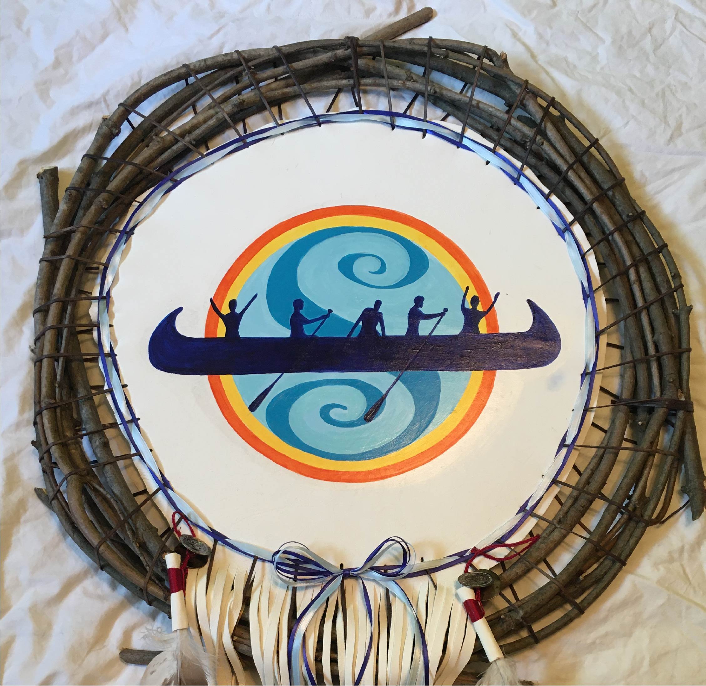 Spirit Canoe Lodge Shield, Branches, Acrylic on Deerskin, Satin Ribbons, 18"