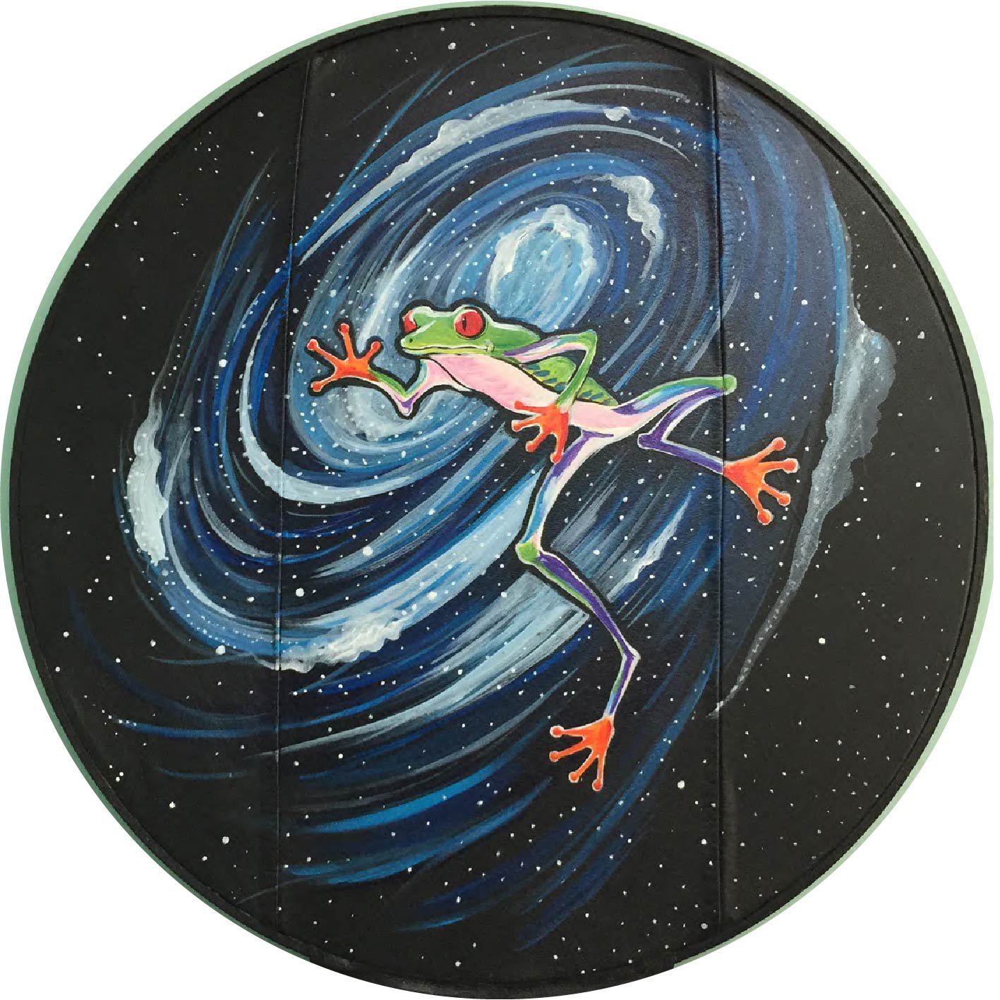 Commissioned Jumping Frog, Acrylic on Leather, Hoop  18"