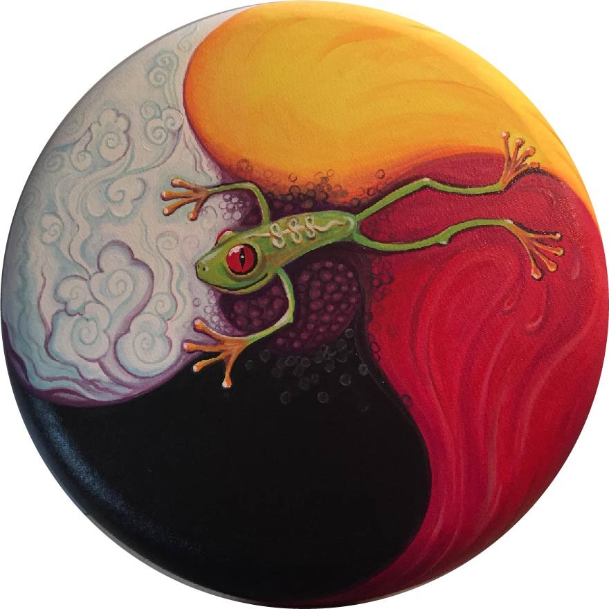 Commissioned Jumping Frog, Acrylic on Canvas Frame 18" diameter