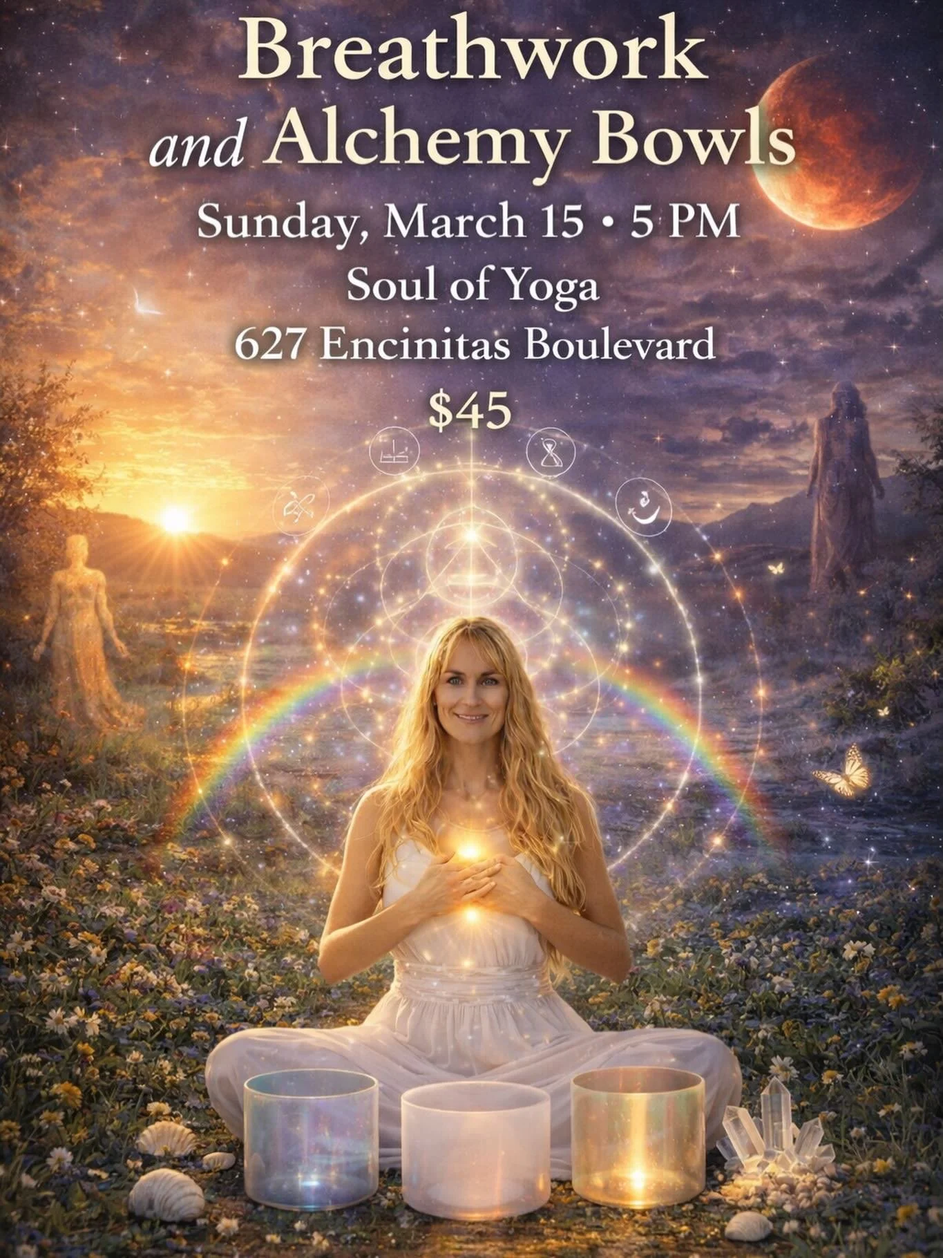 Breathwork &amp; Alchemy Crystal Bowls
Sunday, March 15 | 5 PM
Soul of Yoga
627 Encinitas Boulevard
$45

As we approach the Spring Equinox, a subtle portal begins to open &mdash; a moment in the turning of the year when light and dark stand in perfec