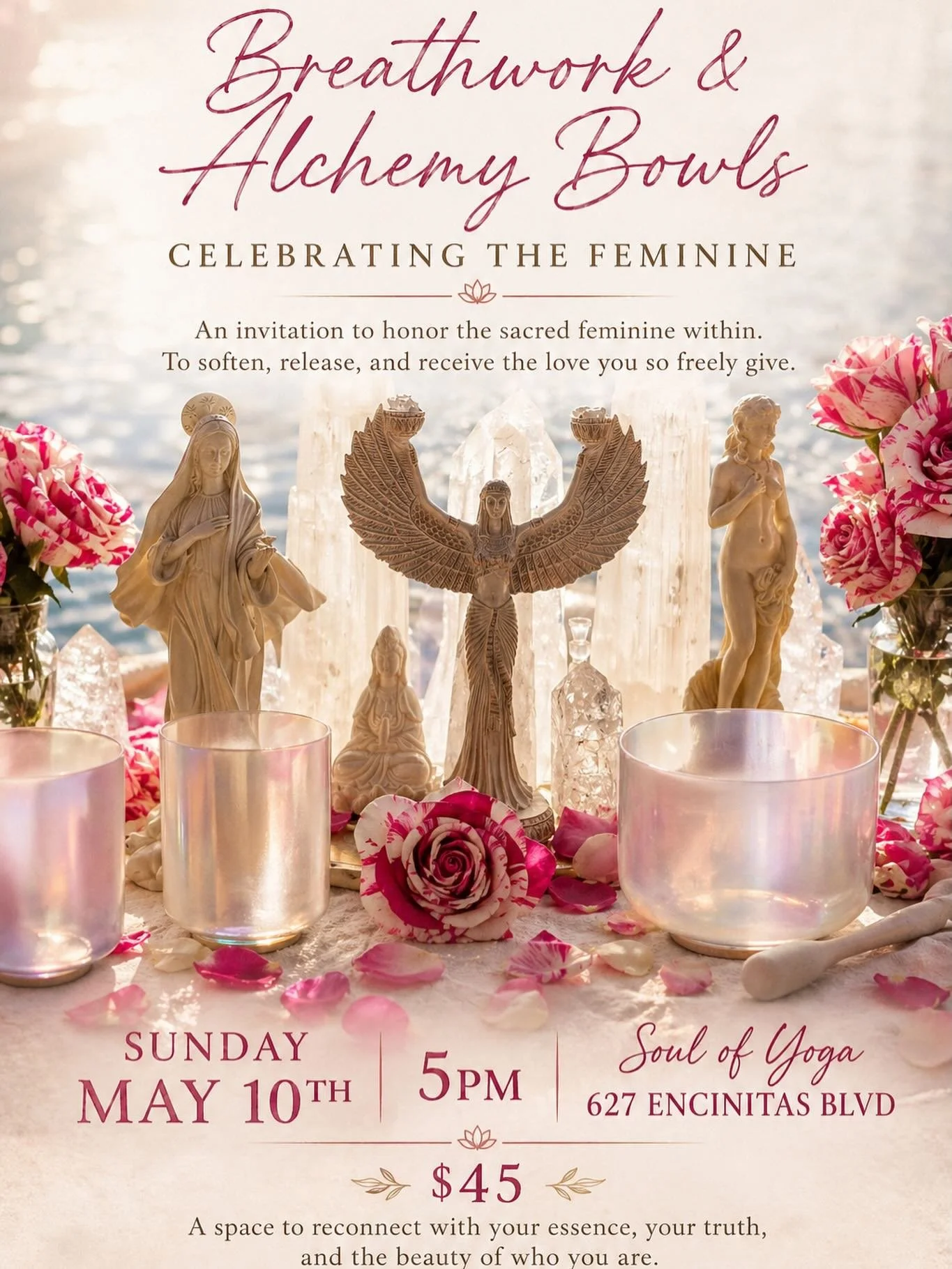 A space to soften.
A space to receive.
A space to be held.

This Mother&rsquo;s Day, you&rsquo;re invited to step out of giving&hellip;
and into receiving.

Through the power of breath and the resonance of alchemy crystal bowls, we gently open the bo