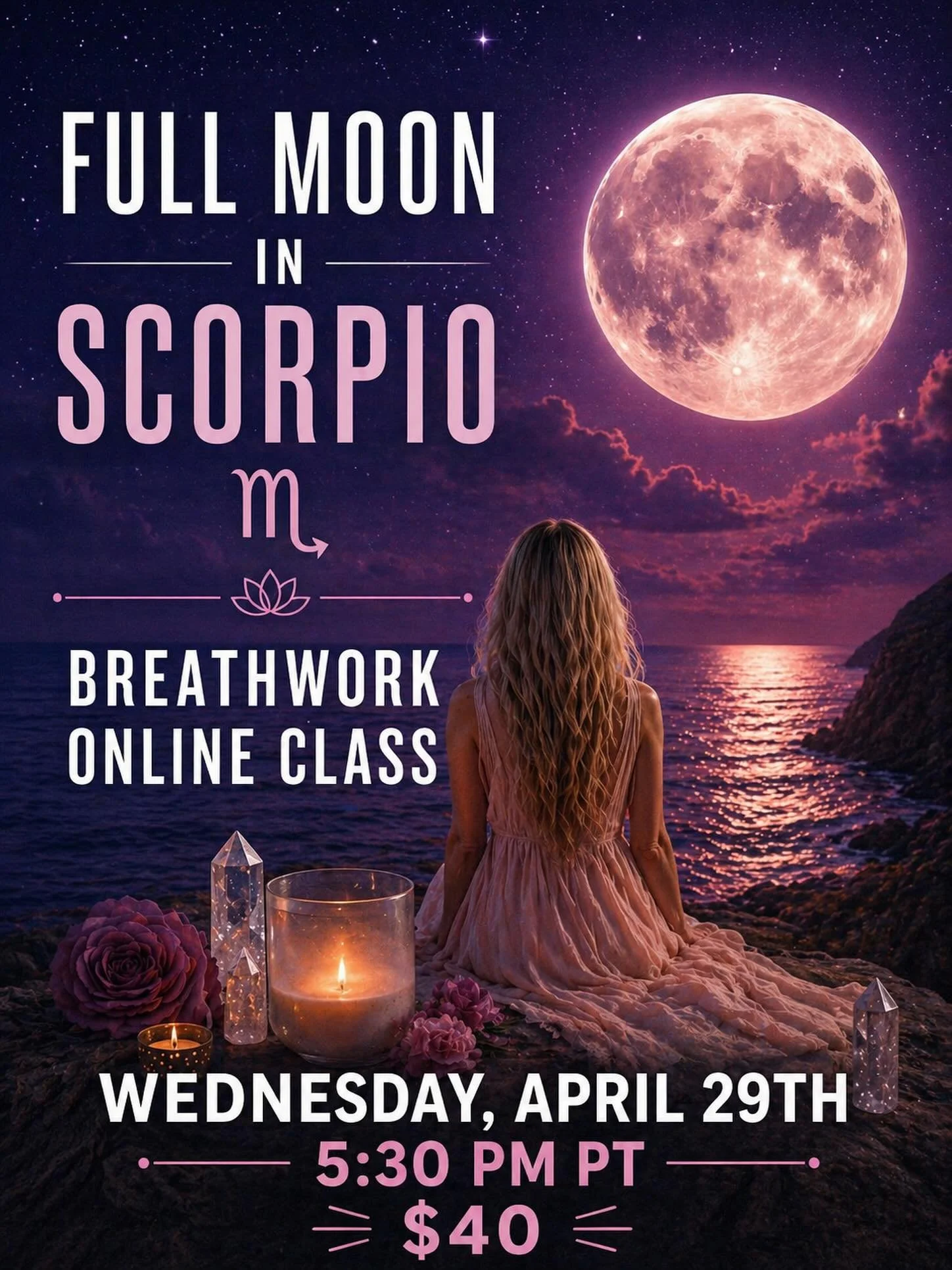 Under the light of the Full Moon in Scorpio, we gather in a potent space of transformation, release, and deep inner truth.

Scorpio invites us beneath the surface&mdash;into the places we often avoid&mdash;where old emotions, attachments, and pattern