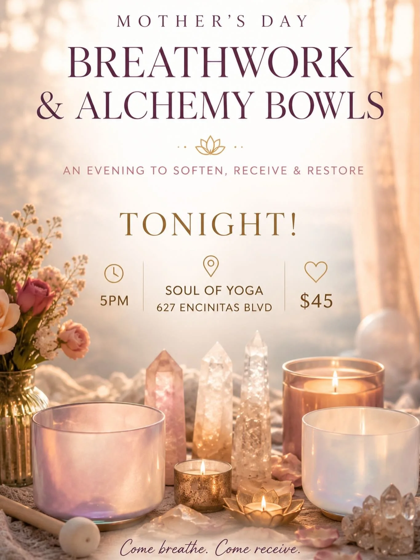 Tonight is an invitation to slow down, soften, and receive.

Join us for an evening of transformational Breathwork and the healing resonance of Alchemy Crystal Bowls as we calm the nervous system, open the heart, and reconnect with ourselves in the m