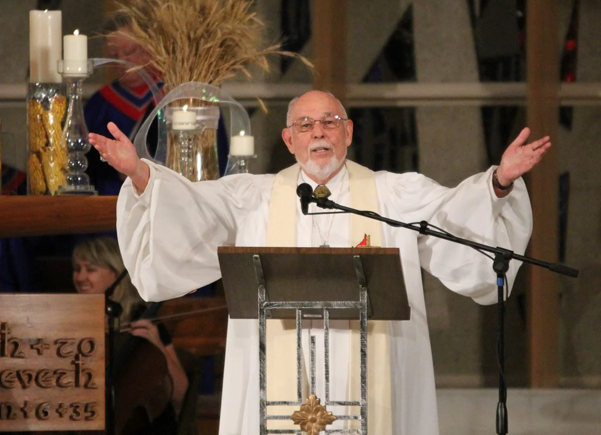 Retired Bishop, Joel Martinez offers the benediction at the opening worship service of the South Central Jurisdictional Conference gathering.