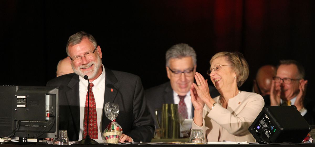 Bishops Schnase, Saenz, and Huie share a moment of levity in the midst of the jurisdictional proceedings. (Photo courtesy of Great Plains Annual Conference.)