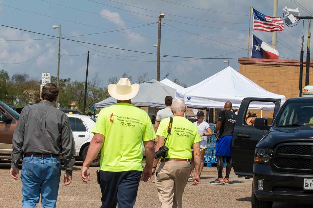  Robert Schnase, Bishop of the Rio Texas Annual Conference; Jim Callis, Corpus Christi Area ERT Site Coordinator; and Eugene Hileman, Disaster Response Coordinator, tour a relief staging area in Gregory, Texas 