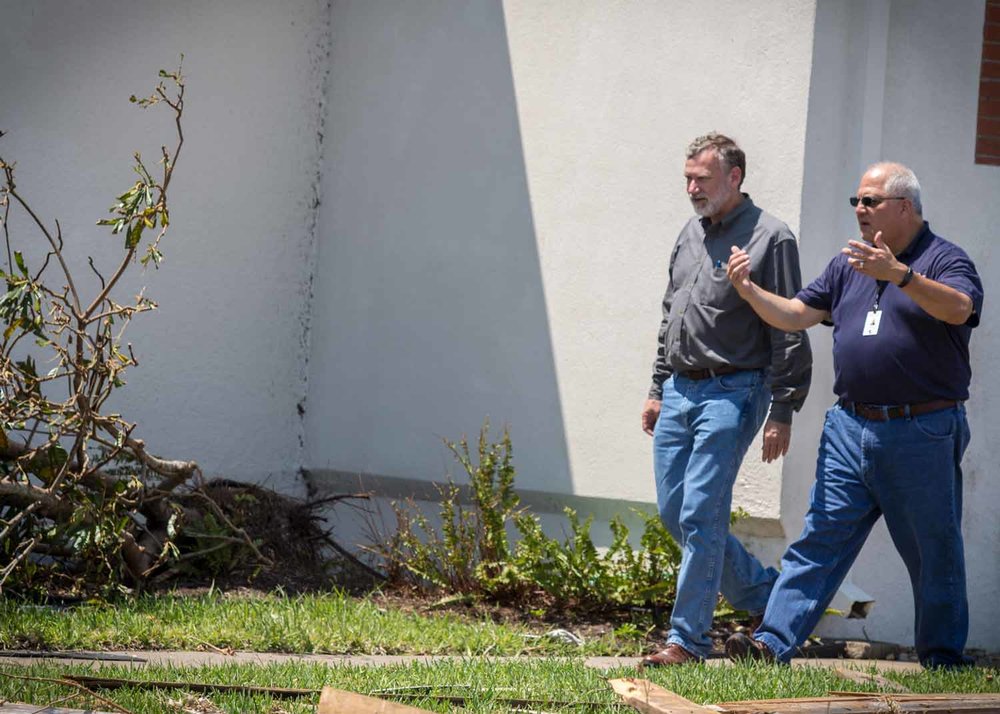  Robert Schnase, Bishop of the Rio Texas Annual Conference surveys damage at First UMC, Rockport, Texas with Director of Outreach Vitality, Abel Vega. 