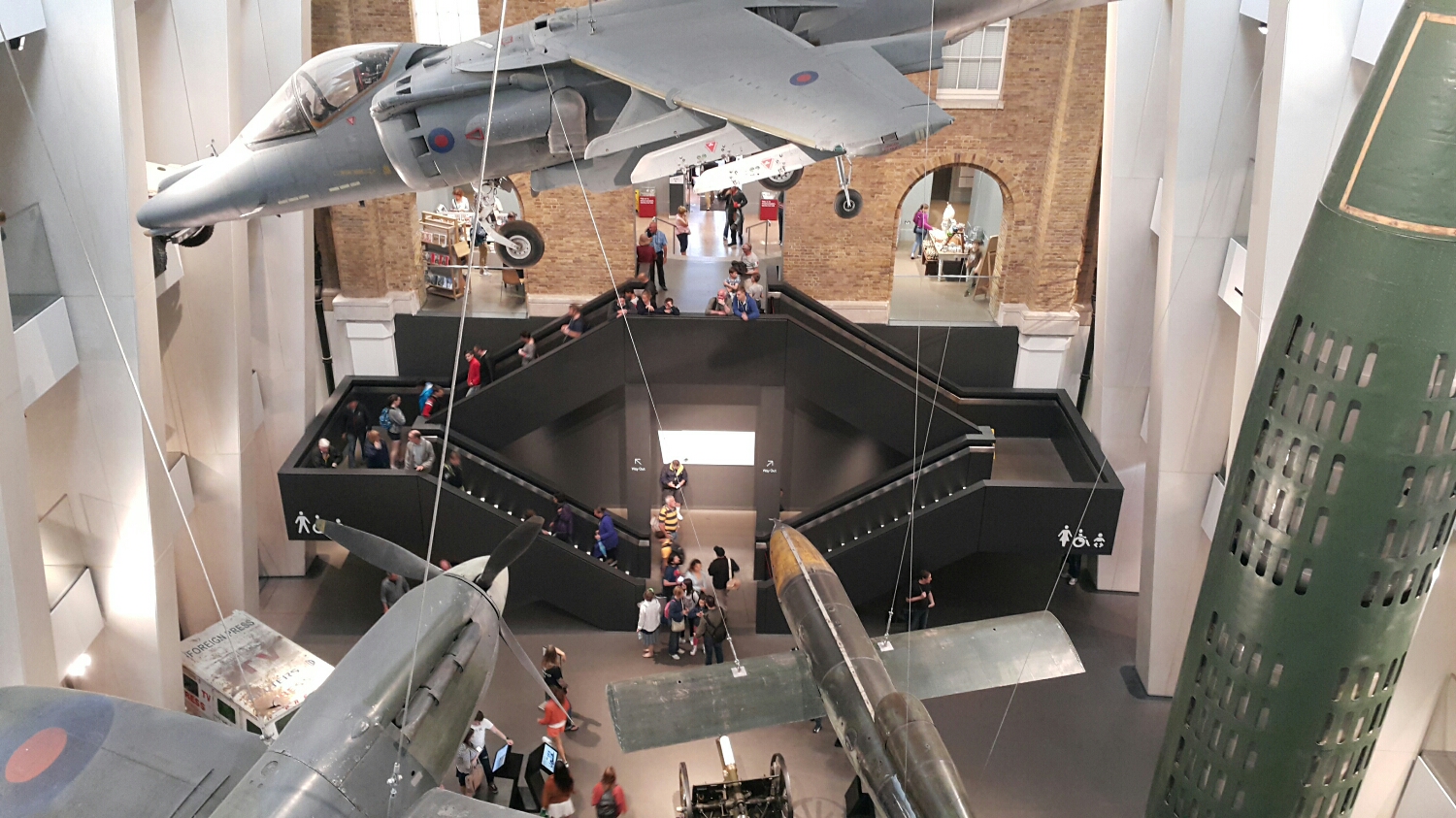 Harrier jump jet, Spitfire and a Doodlebug flying bomb 