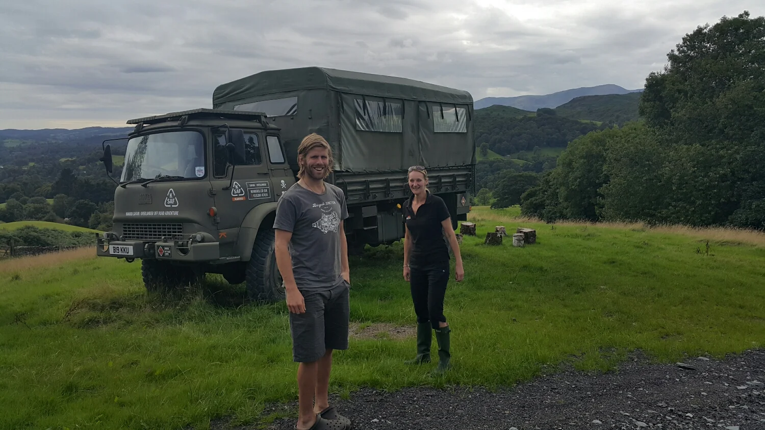 Kate showing Pete our Bed for the night. EX MOD 4x4 Bedford 
