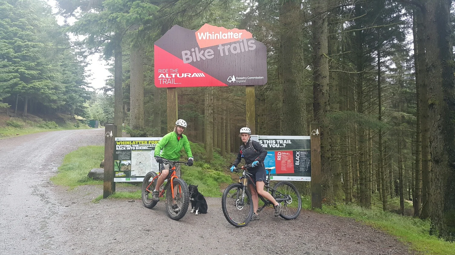 Pete and his friend Christina and Keela the dog about to start a lap of the trail park in Whinlatter.