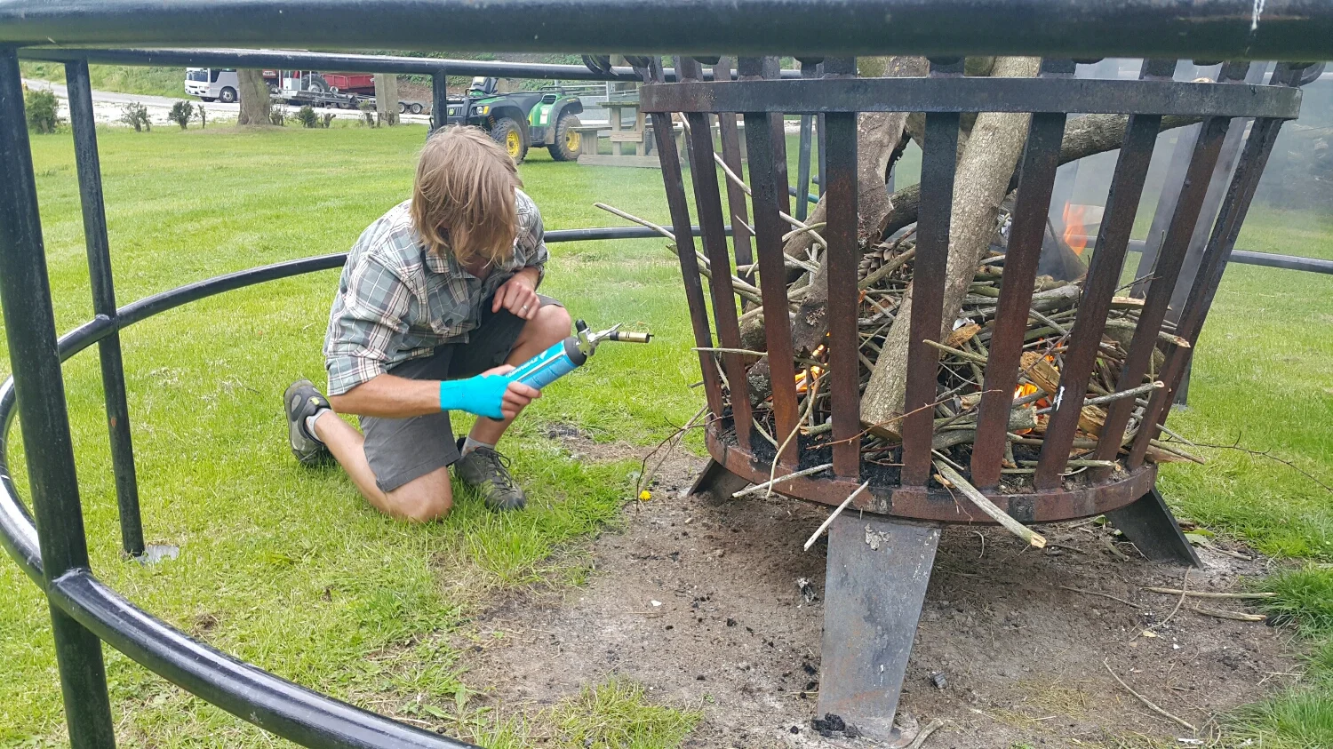 Pete lighting the Brazzier that cost about 2.5K IN NZD. Bloody best thing around. Mind you it does consume a little bit of wood lol.