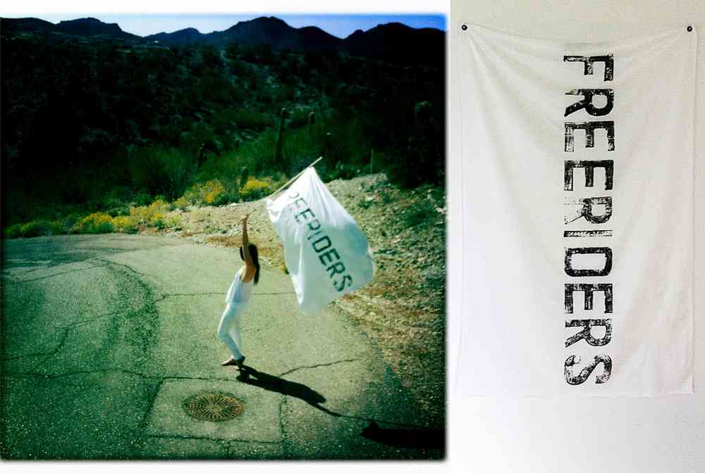 Freeriders Flags Linen on Linen & Ink on Silk 50”' x 35" Collections: Shelter Half, Tappan Collective, The Surfrider Hotel Totem to those individuals who exemplify what Hunter S. Thompson was talking about when he spoke of ‘Mould Breaking Heroes; Living proof that the tyranny of the rat race is not yet final'. Inspired in part by an ex-San Francisco surfer who paddled around Kauai on a 9.0 surfboard, sleeps in a beach cave, and fishes his own food – and other like surfers and vanguards out there surfing/living for the love of life and true hedonic spirit. It is completely my intention to directly participate in this philosophy, intently promote a freerider culture and illuminate that which already celebrates life beyond boundaries and to forge new experiences with that which does and does not yet exist.