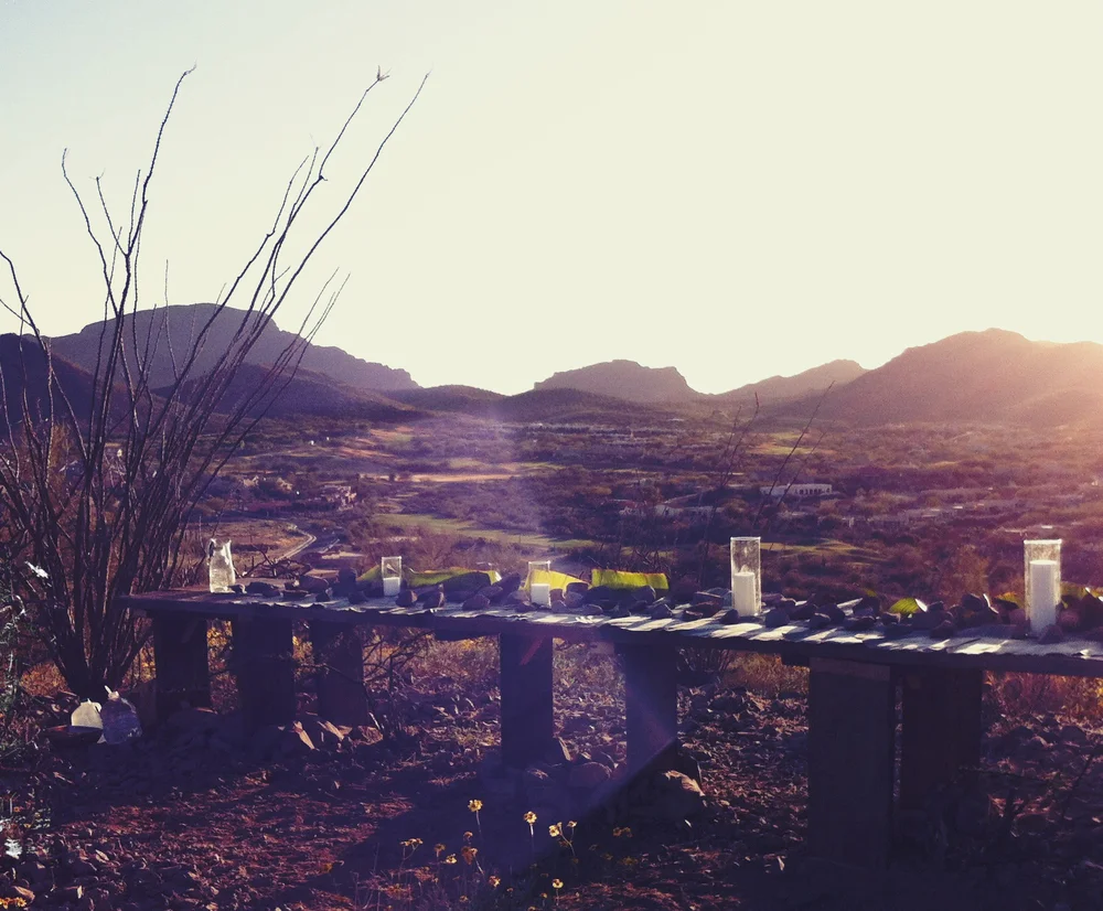 Desert Table Oak, Rocks 30' x 30' x 28" Site specific sculptural table built into the Sonoran desert - breaking the horizon, continuing the road. Hand carrying 30 foot oak beams up to the top of a Tucson Mountain through the raw desert was arduous and mythic for a team of 4. To celebrate the final build, an inagural party was thrown at the top of the hill as an ode to Gordon Matta Clark and Carol Gooden’s famous project Food.