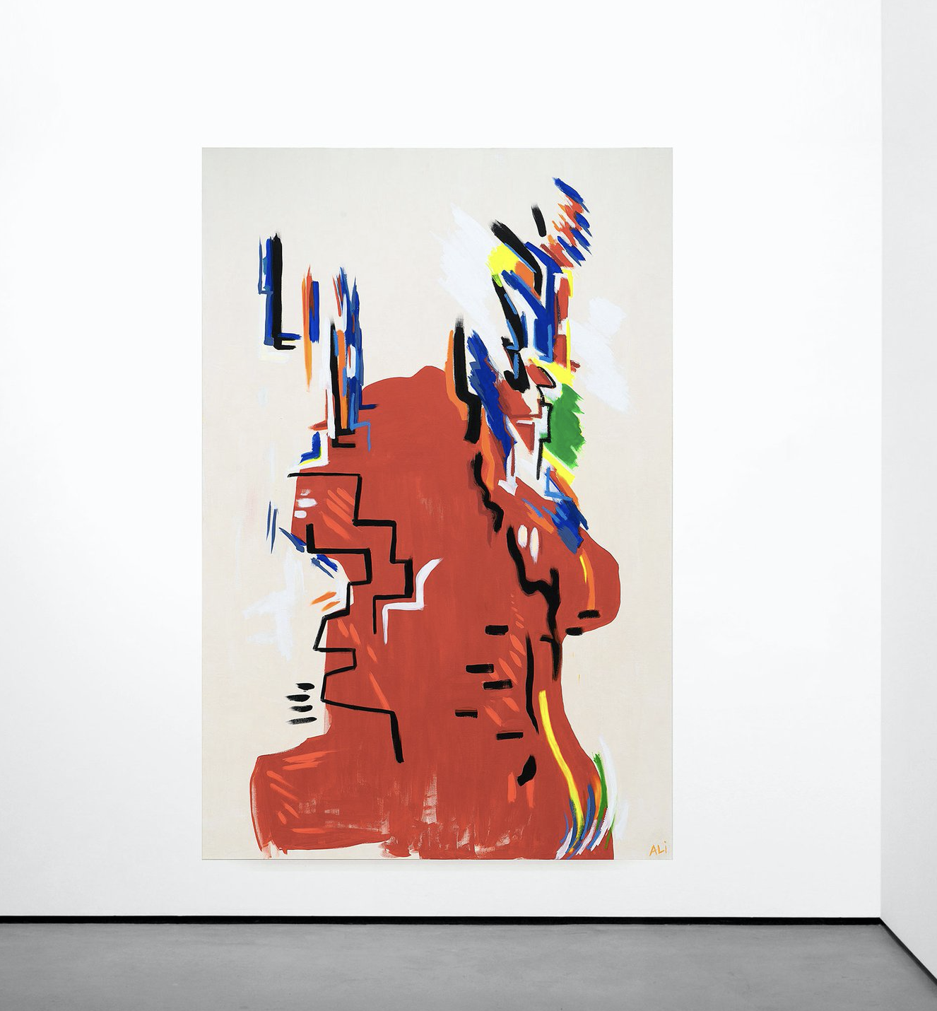 The colorful explosion of modern neon colors and primitive forms in Neon Primitivism is a natural extension of both Ali’s primitivist ideology and her commitment to rock n roll. This new series celebrates the canvas and painting as a form with the power to transfer primitivism, sensuality and emotion to a space in a modern return to Ab Ex style, mixing the ultra mattes of Mexican folk art with earthy clays, and vibrant charcoals and oils, and pointing to forms that enlight the viewer towards the multiple directions of cave paintings, the new york school, ceremonial body paints, line work, weathered artifacts, Charles Olsen’s Archaic Post Modern and pop art. Ali’s work across multiple mediums has always been founded conceptually in both her nature and survival skills studies as well as her ‘bringing the party and the fun’. It is here that Ali’s conceptual work led naturally to the crossover that would lead her to explore paintings based on sensuality and dimension - the feeling, the experience and the space they create. It was here that she derived the process of working with clays, dried plant materials, botanical dyes, and paints made of finely crushed rare minerals and gems, to explore glowing mattes and chalky earthy textures. This follows in the tradition of her prior sculptural work (almost an artistic take on experimental archeology) which traces primitive technologies, and works with the experiential and the sensual - i.e. hand building mahogany and glass rain catchments, working with fire as a sculptural element, exploring artifact creation using primitive tools and techniques as a means to explore primitivism, lighting up a boulder strewn desert for invitees to walk through, and even building a surfboard from Tule reeds. Her directness of emotion communicated through primal, rugged gestures, juxtaposed with an integration of ancient philosophies explores the thin line between symbolic totems, anthropomorphic figuration, gestural abstraction and a modern pop sensibility. Her confident and rule shattering sensibility pulls on us to be 21st century rebels once again and to seek wildness, experience, humanity, and mythos.
