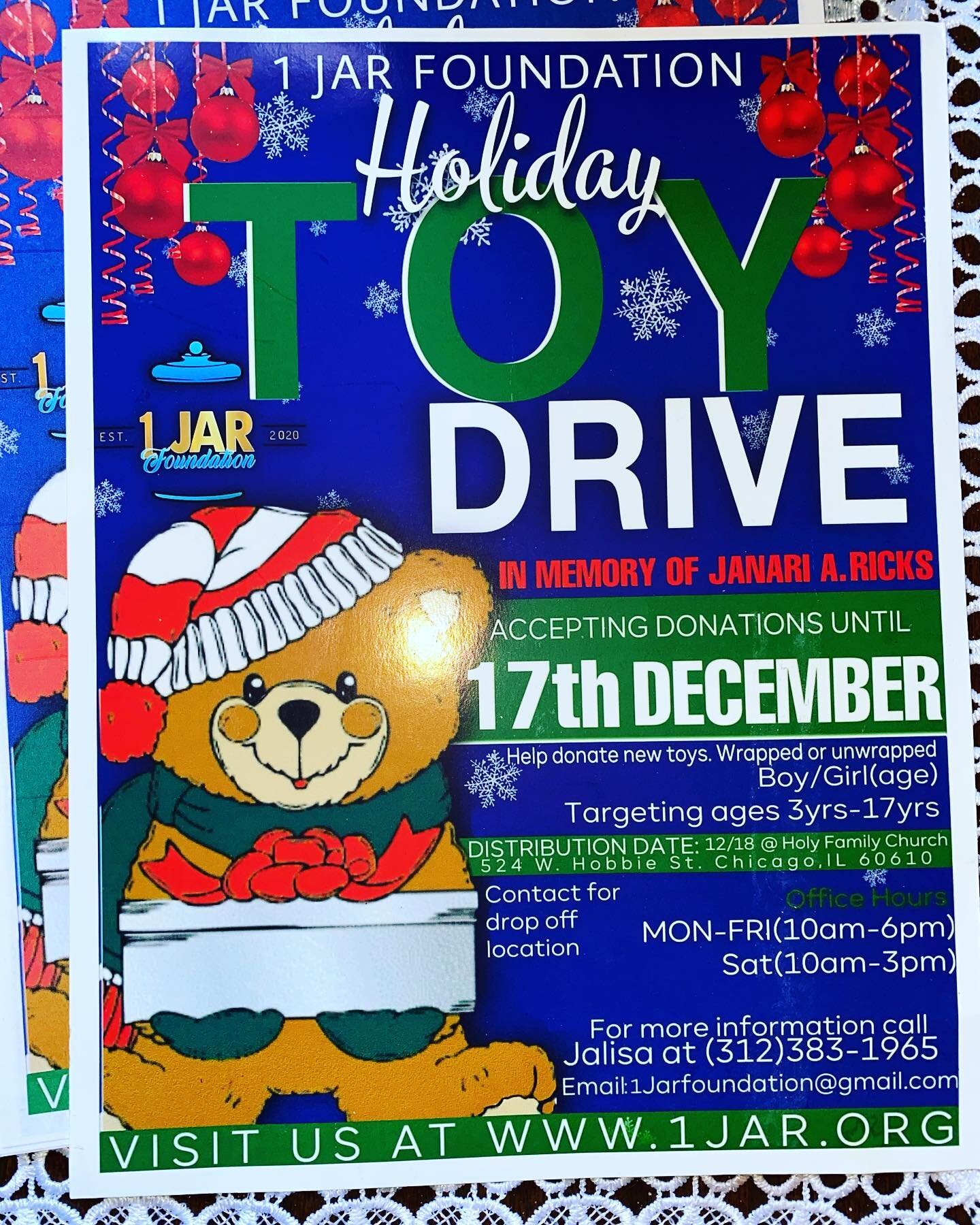 1 JAR HOLIDAY TOY DRIVE!!! Accepting donations until December 17th!!! 🎊🎁🪔