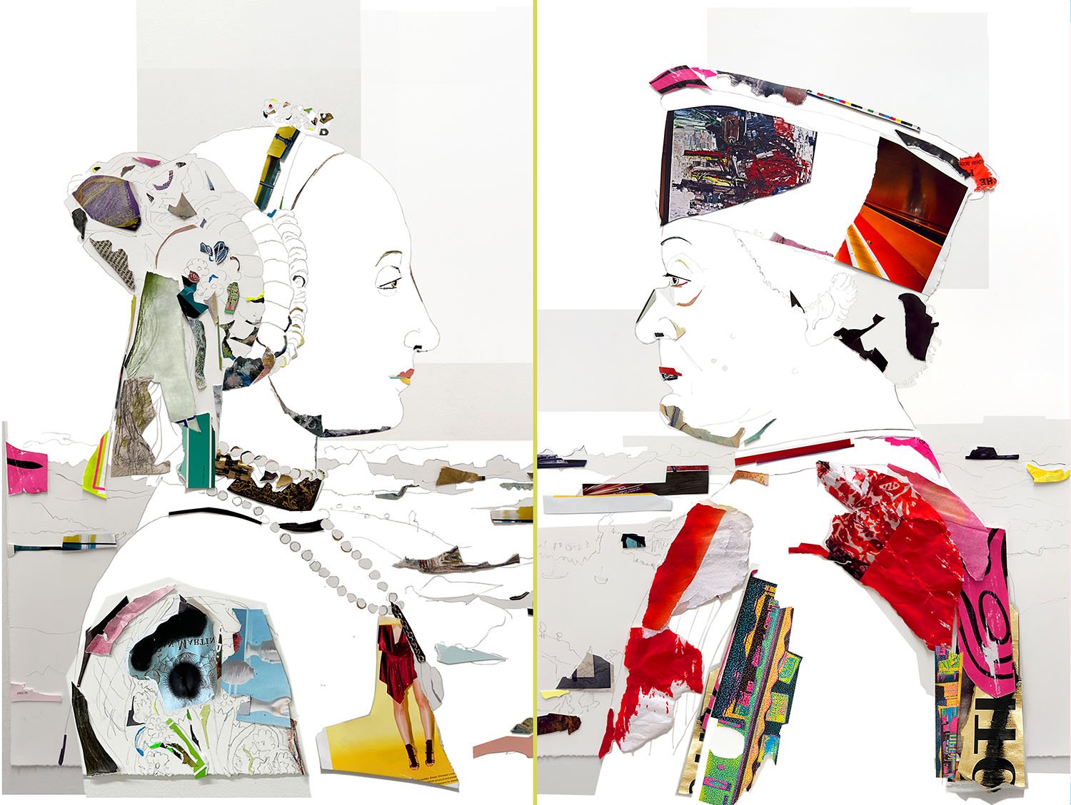  “A God Mourns His Goddess (after Piero della Francesca)”  2023  collage on watercolor paper  44”x30” 