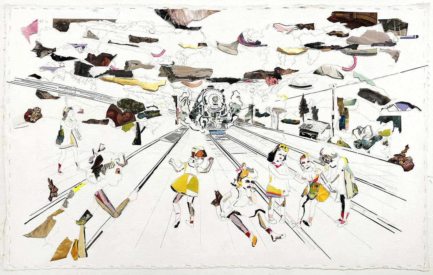  “Darger Station (after Henry Darger)”  2023  collage and pencil on canvas  45”x27” 