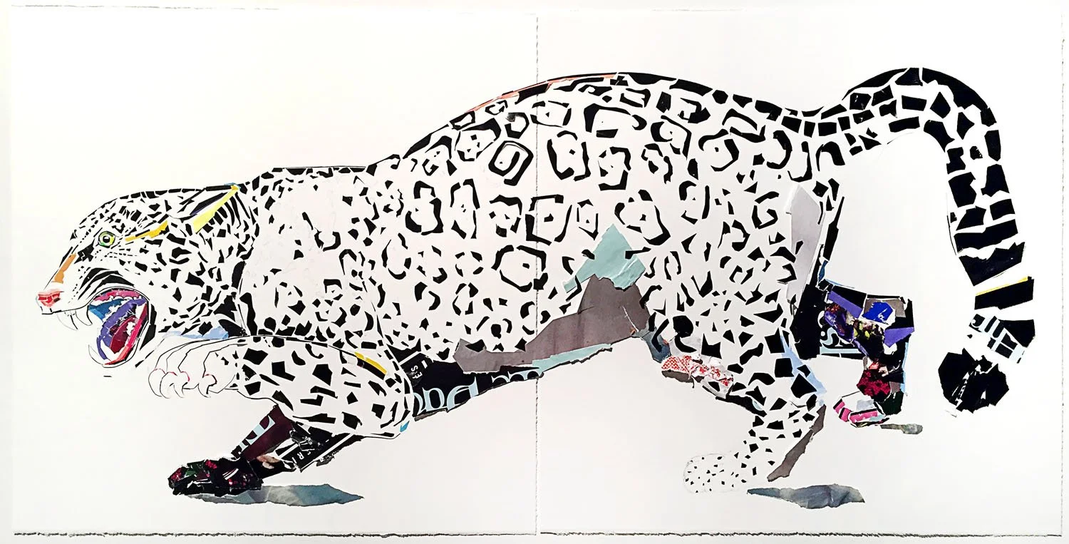  “Jaguar study (after Audubon)”  2019  collage on watercolor paper  44”x22” 