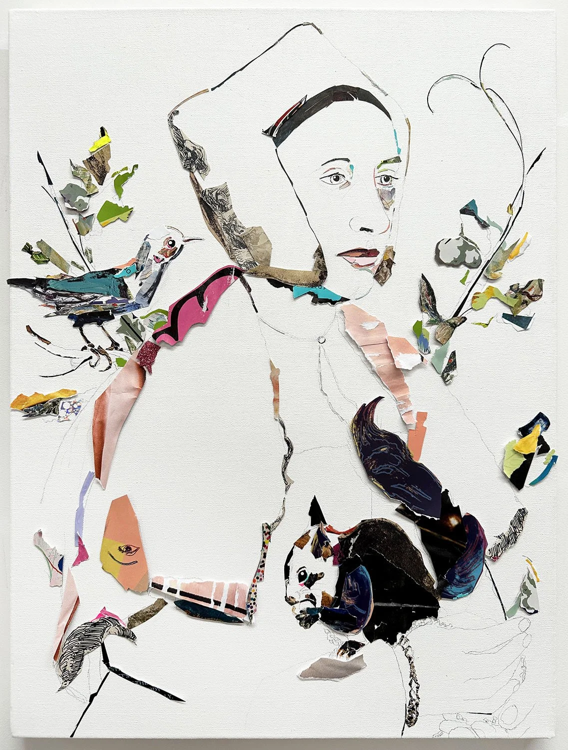  “Lady with Squirrel (after Holbein)”  2023  collage on canvas 