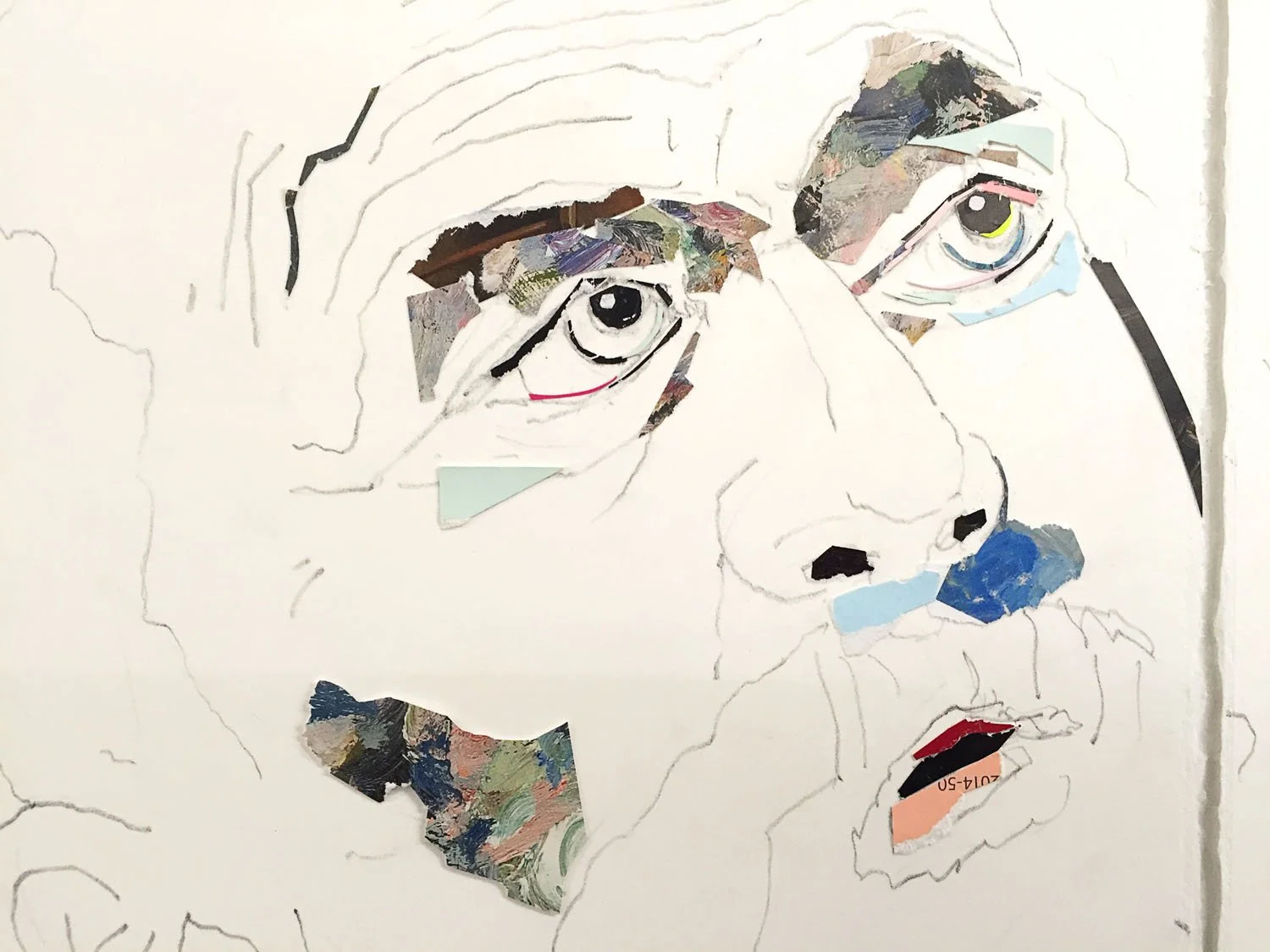  detail “Trade 3 (after Caravaggio’s St. Matthew and the Angel)”  2024  collage on watercolor paper  66”x120” 