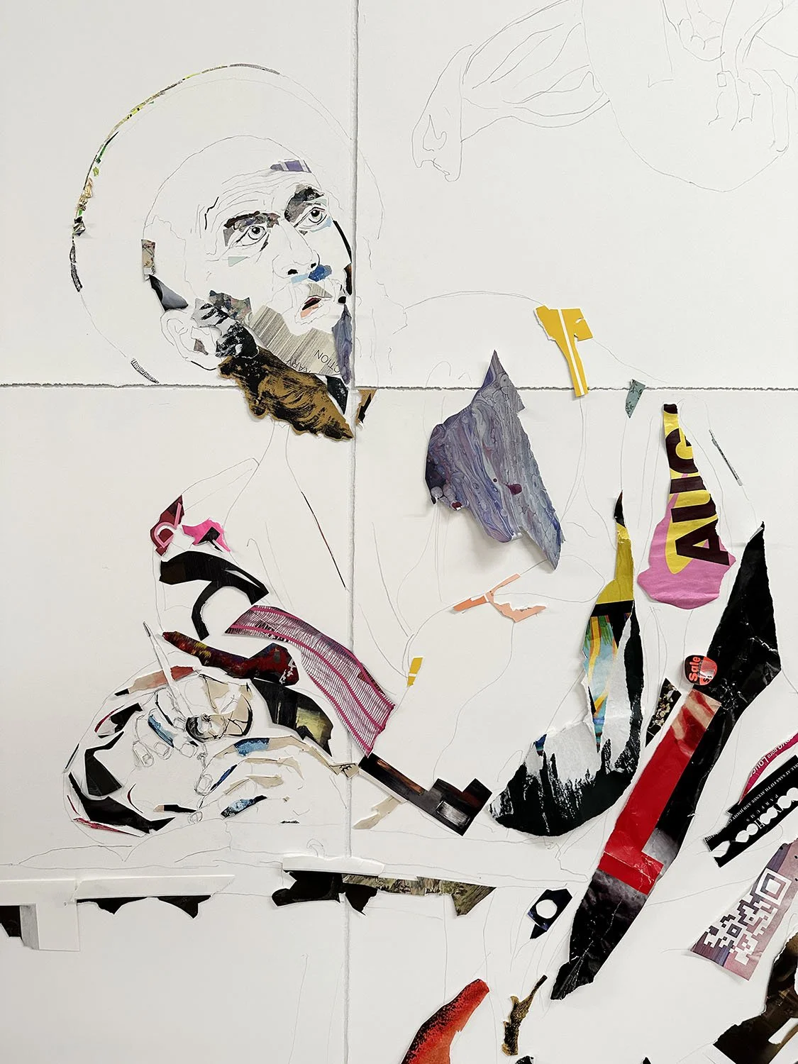  detail “Trade 3 (after Caravaggio’s St. Matthew and the Angel)”  2024  collage on watercolor paper  66”x120” 