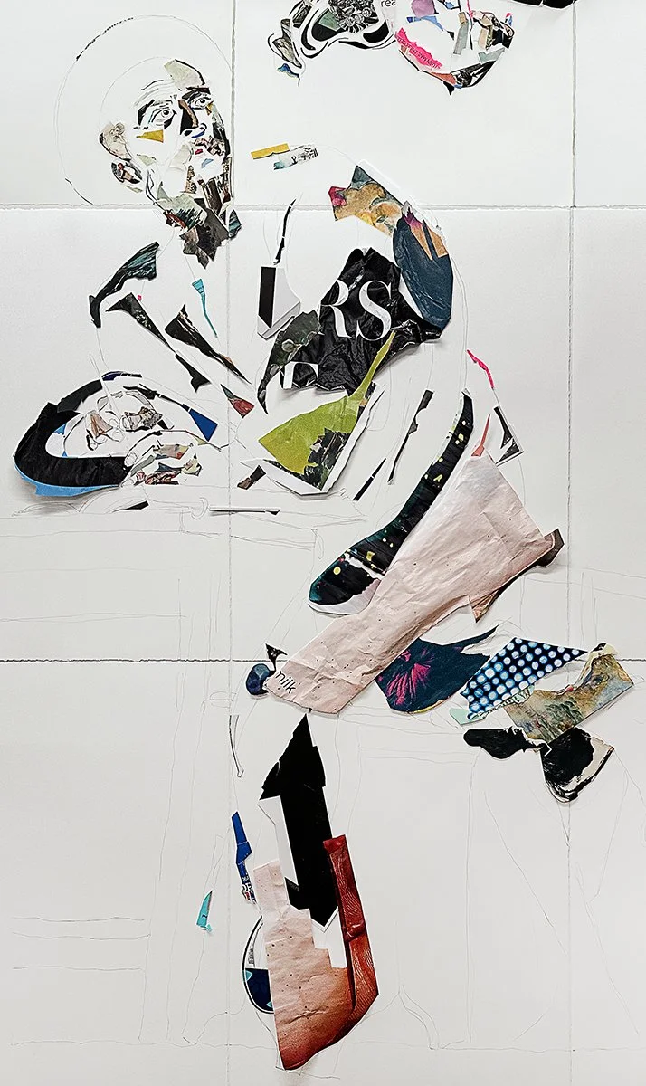  detail “Trade 4 (after Caravaggio’s St. Matthew and the Angel)”  2024  collage on watercolor paper  66”x120” 