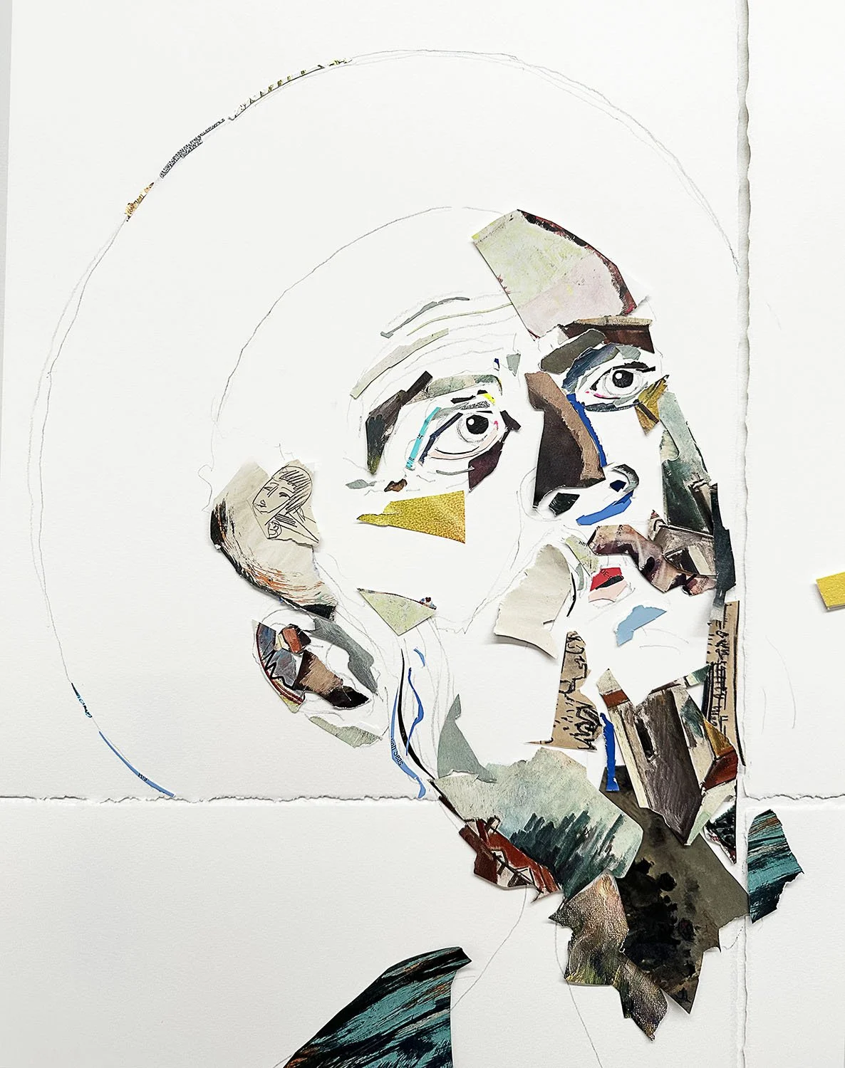  detail “Trade 4 (after Caravaggio’s St. Matthew and the Angel)”  2024  collage on watercolor paper  66”x120” 