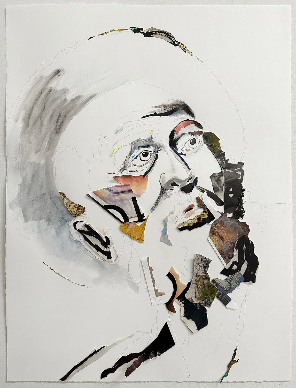  “Study of Caravaggio’s St. Matthew”  2023  collage, acrylic paint, charcoal, conte crayon and graphite on watercolor paper  22”x30” 