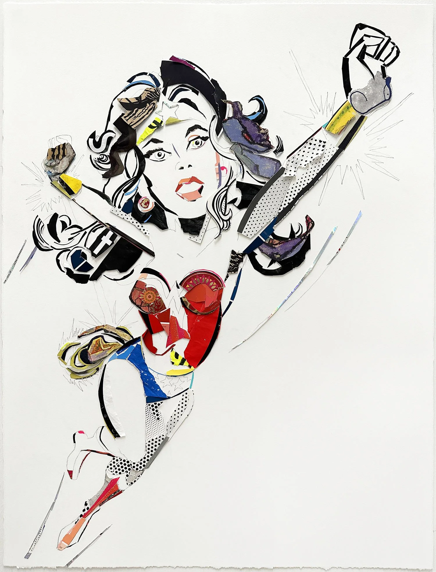    Wonder Woman    2023  collage and graphite on watercolor paper  22×30” 