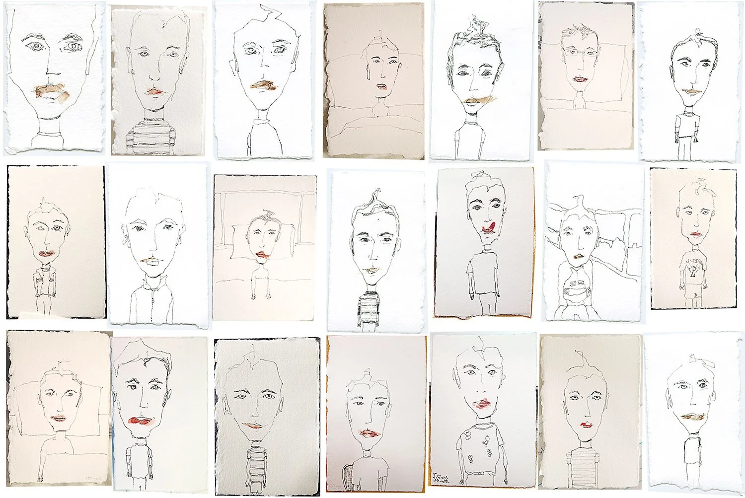    21 Blood Sugar Self-portraits    2013  ink and blood on watercolor paper  2.25”x4.5” each 