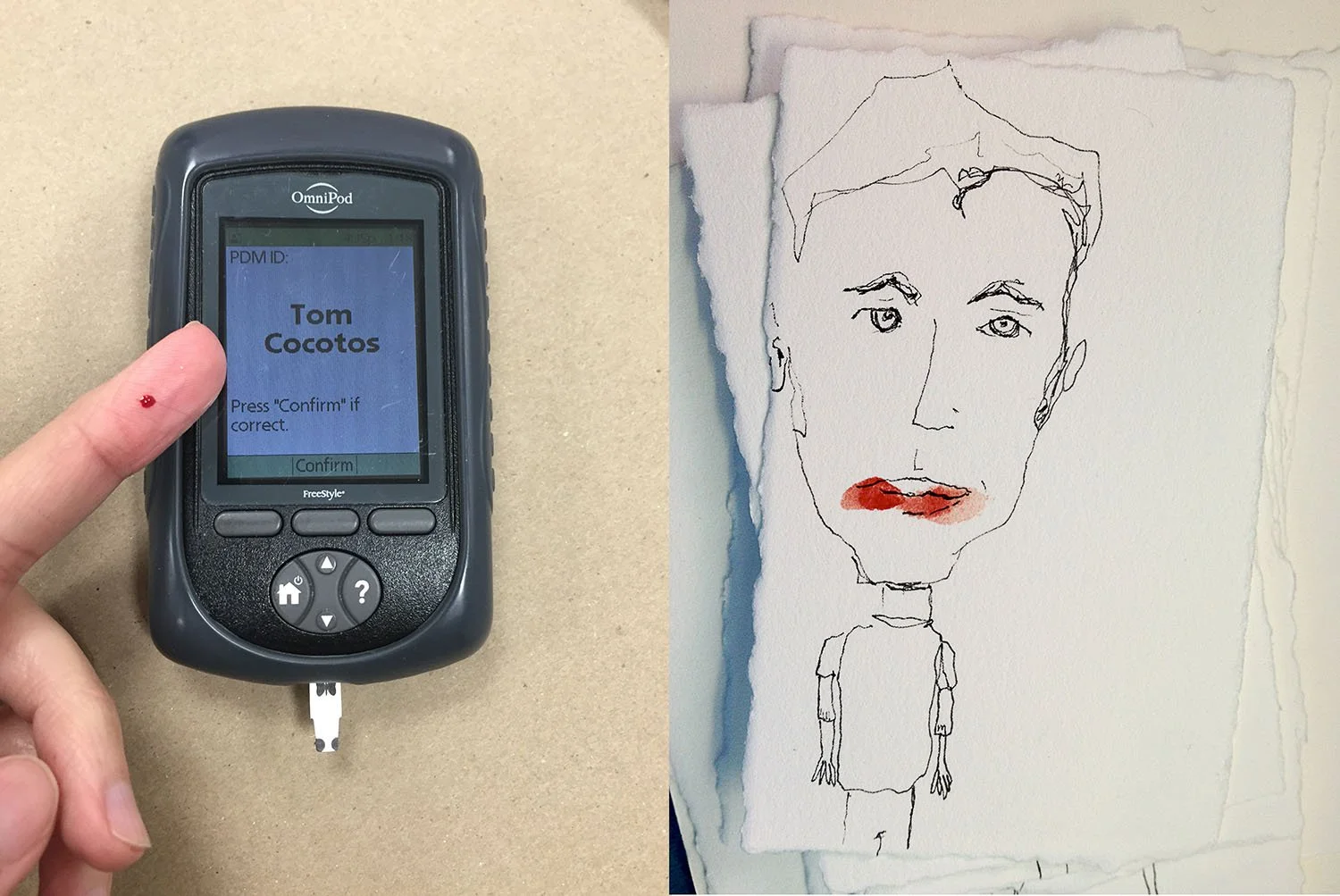    Blood Sugar Self-portrait    2013  ink and blood on watercolor paper  2.25”x4.5” 