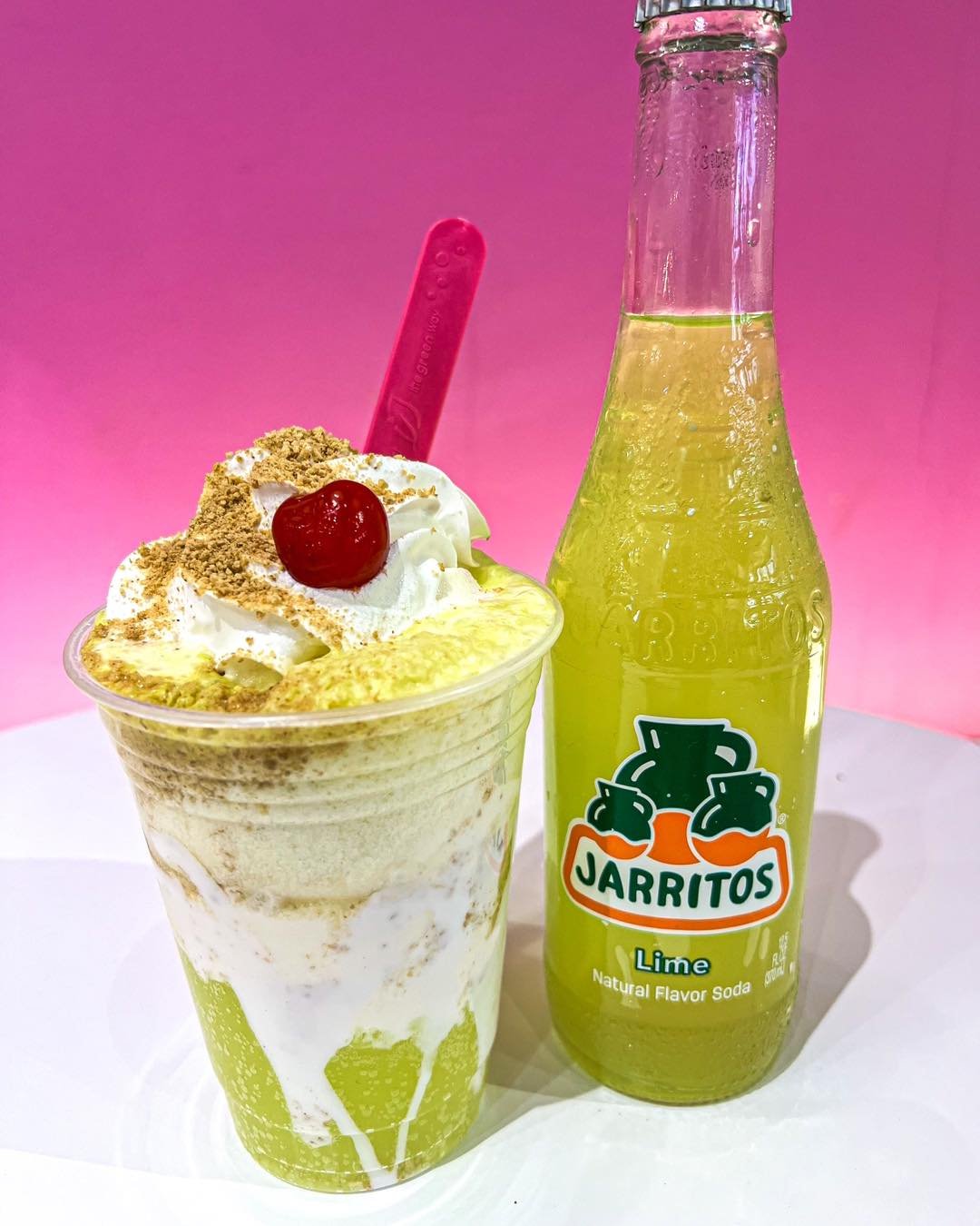 🍋💫 Elevate your Friday with our Lime Jarritos Float&mdash;cheesecake froyo blissfully merged with Jarritos lime soda, topped with whipped cream, graham cracker crumbs, and a cherry. 🍒 Embrace the weekend with a fusion that&rsquo;s sweet, tart, and